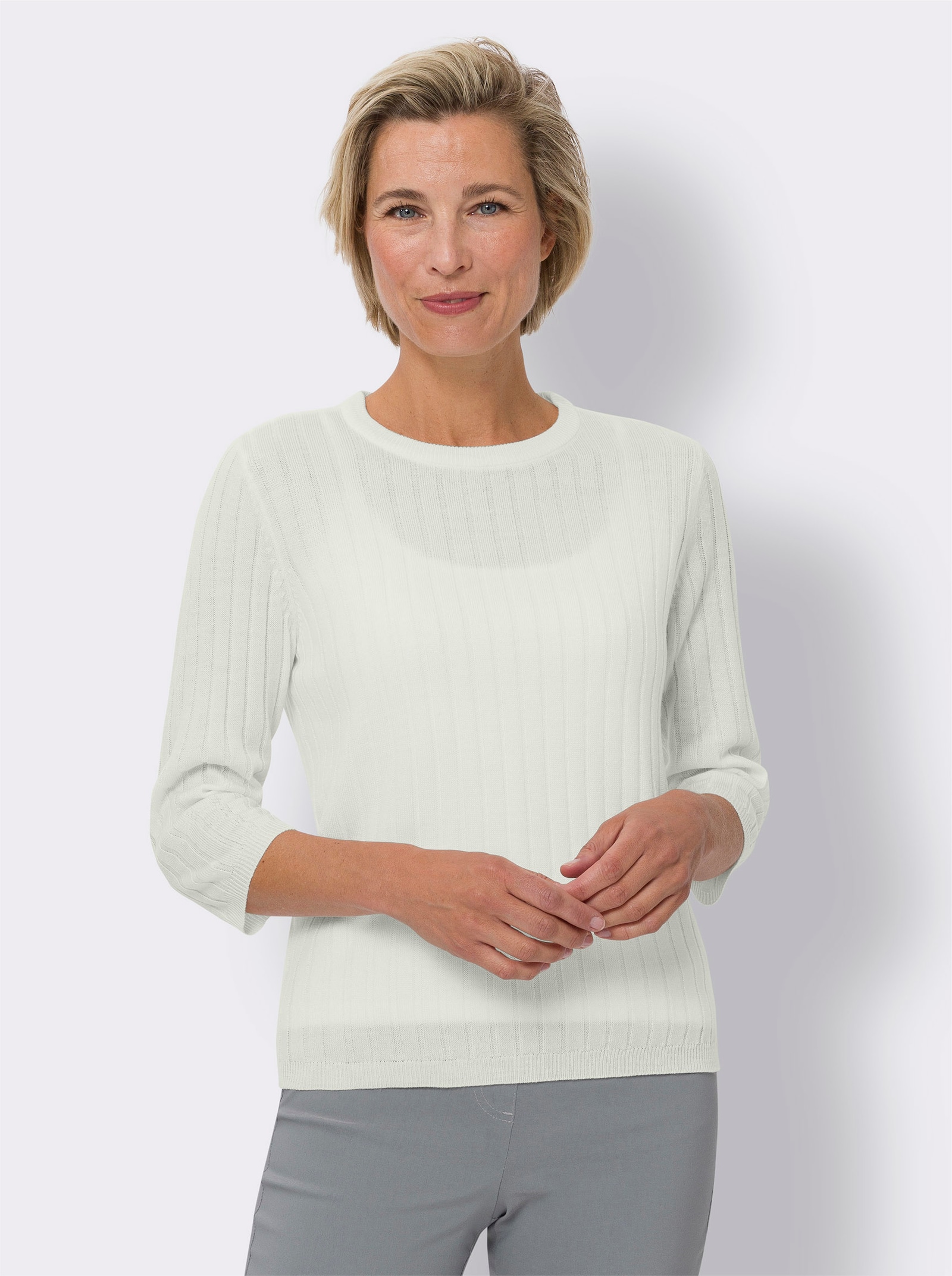 3/4 Arm-Pullover mit Ripp-Muster allover - ecru