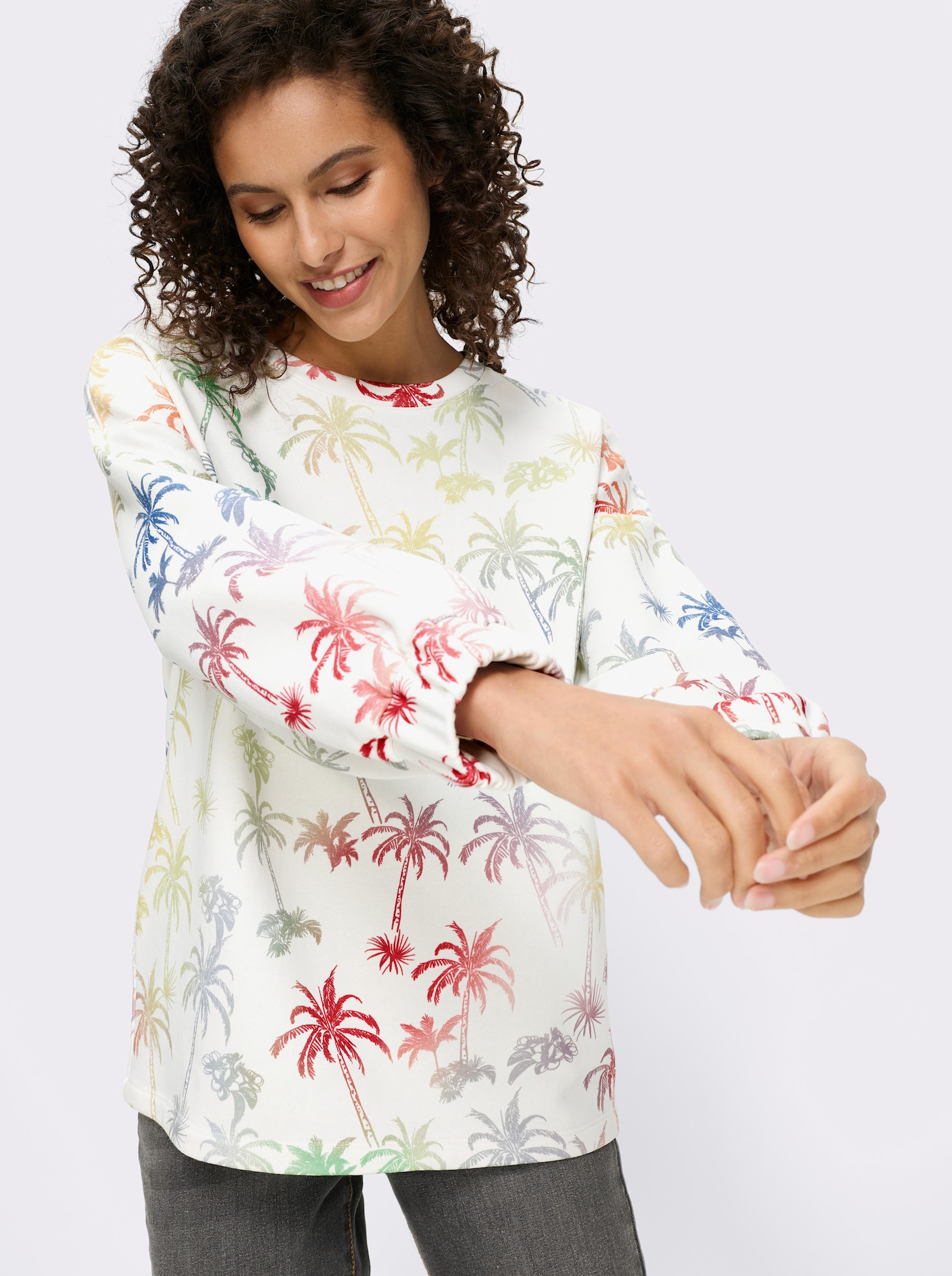 heine Sweatshirt mit Palmen-Print - weiß-jeansblau-bedruckt