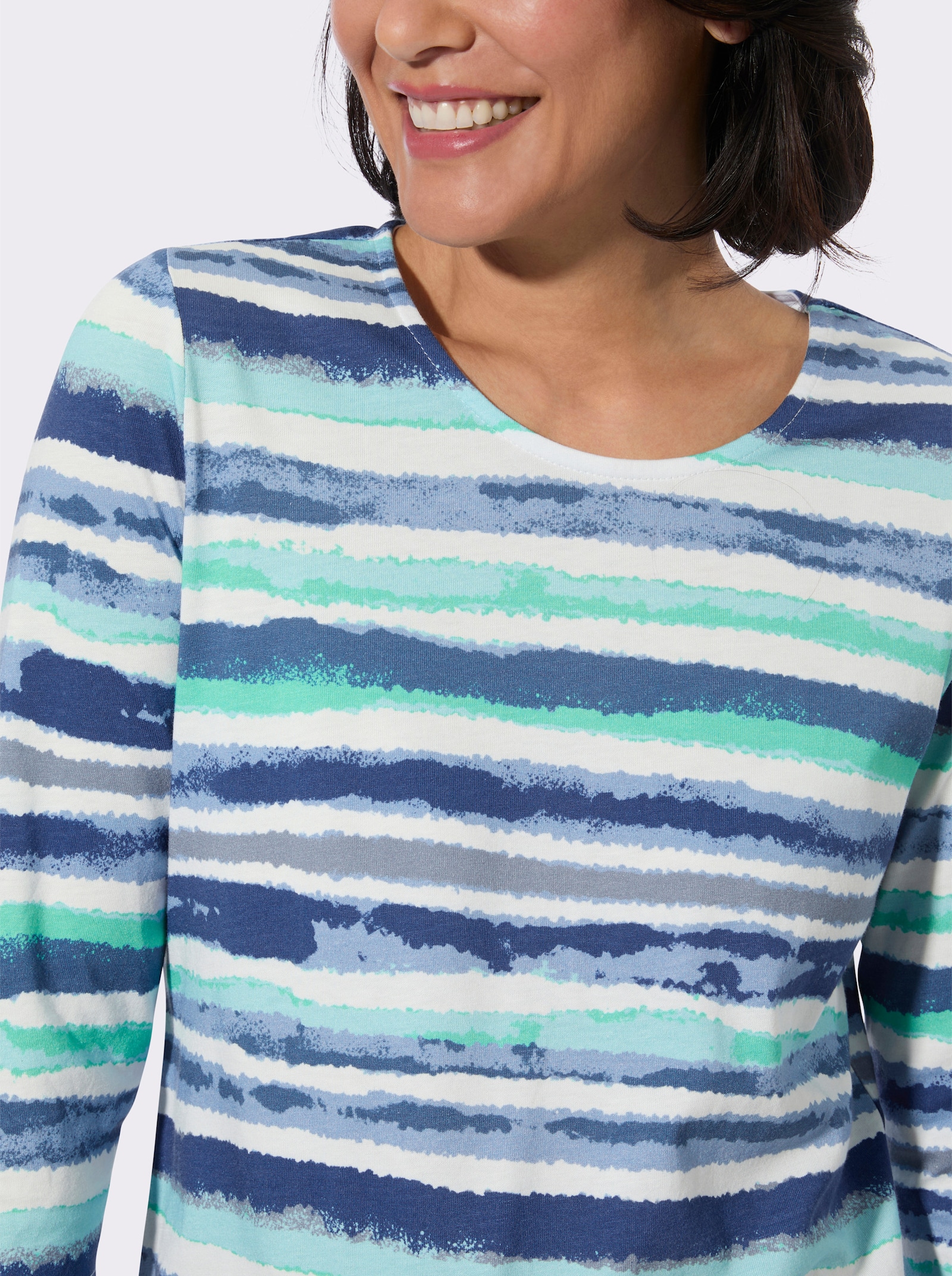 Rundhalsshirt im Ringelmuster - mint-ecru-bedruckt