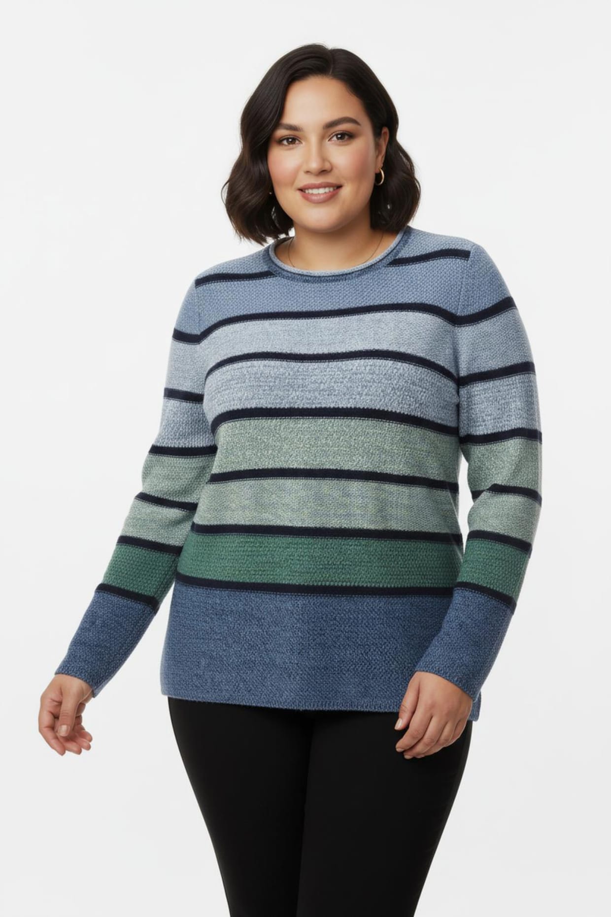 Rundhalspullover mit Ringeln - mittelblau-grün-geringelt