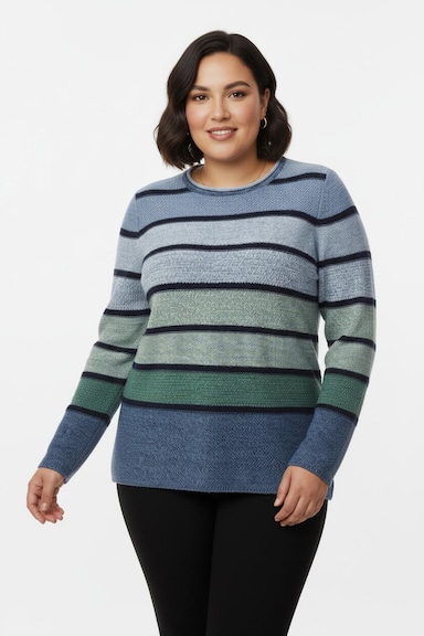 Rundhalspullover mit Ringeln - mittelblau-grün-geringelt