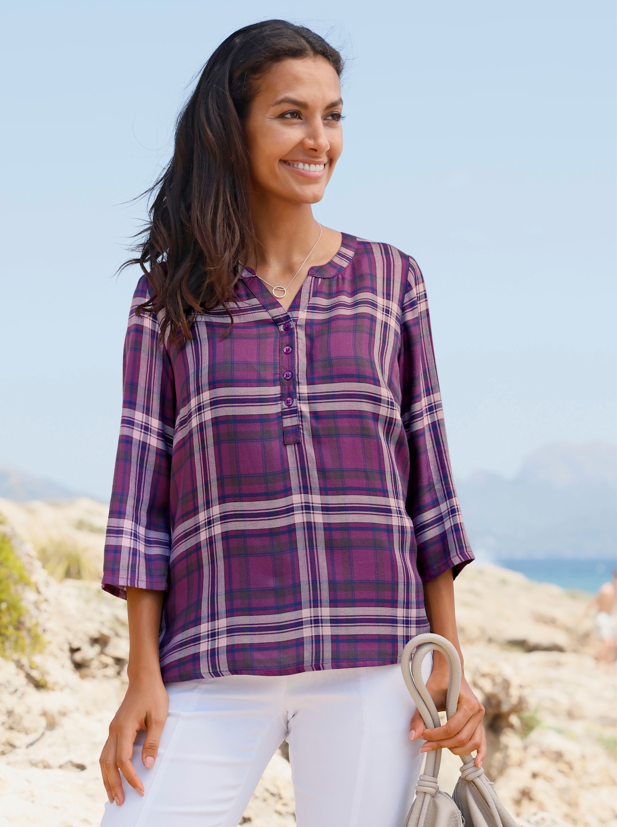 Karobluse - violett-jeansblau-kariert