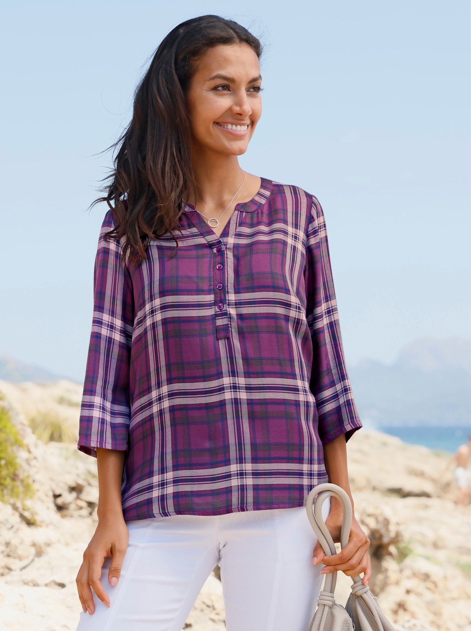 Karobluse im garngefärbten Dessin - violett-jeansblau-kariert