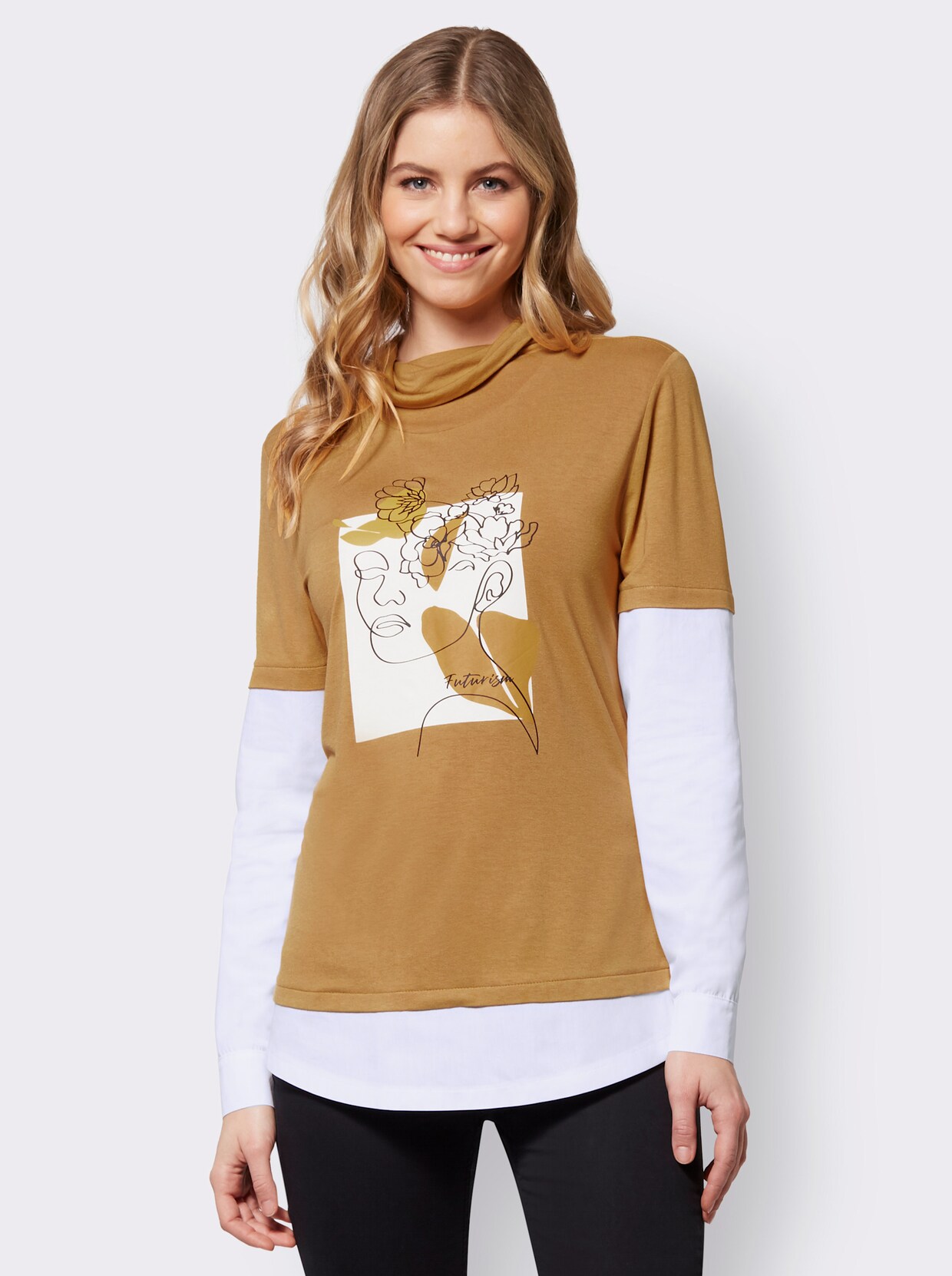 2-in-1-Shirt - ocker-weiß