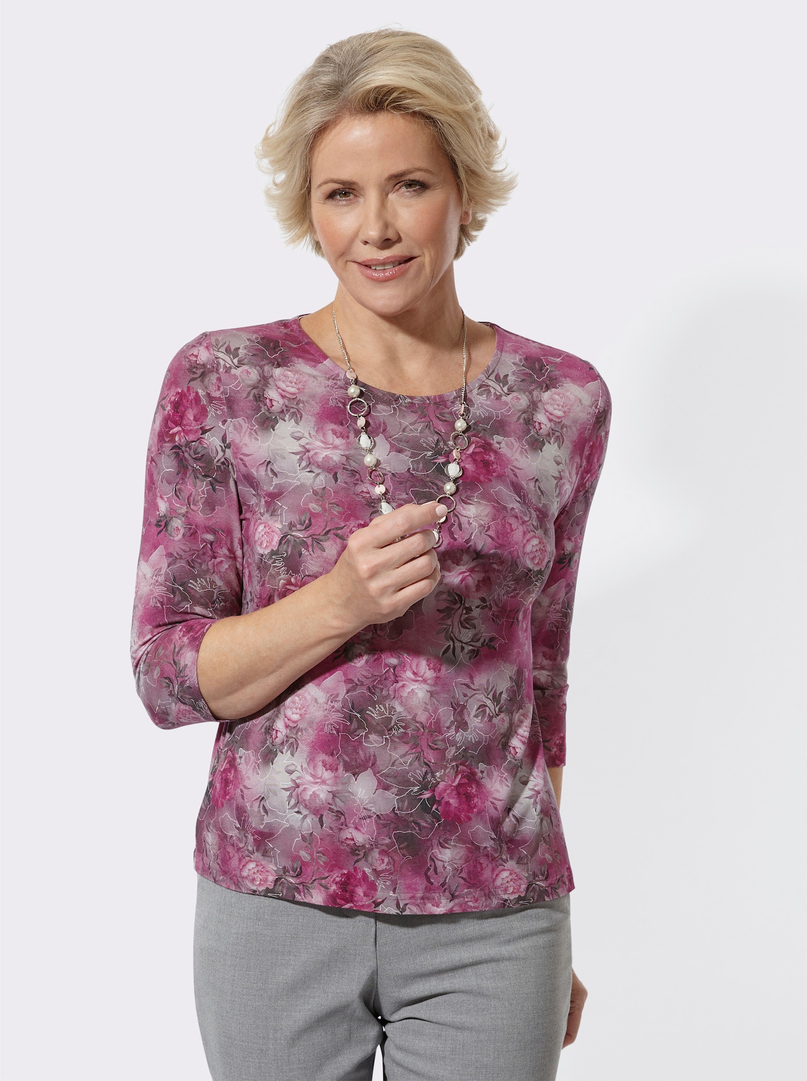 Rundhalsshirt im floralen Dessin - malve-hellgrau-bedruckt