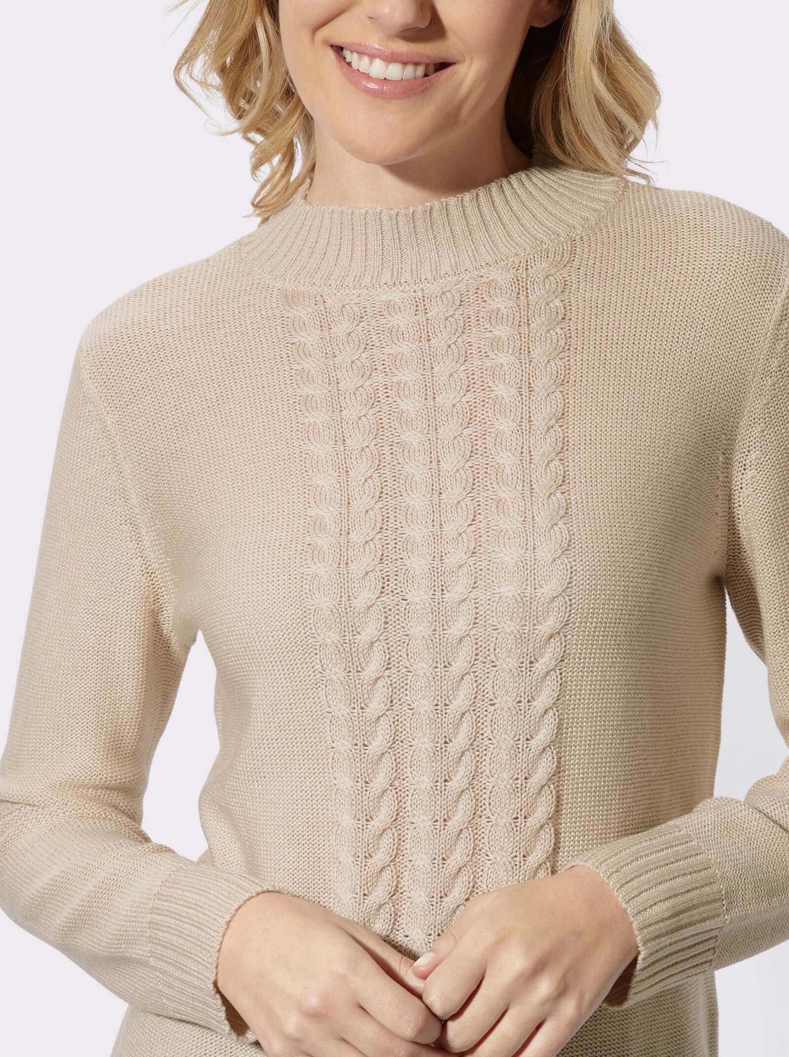 Stehkragenpullover mit Zopfmuster - elfenbein