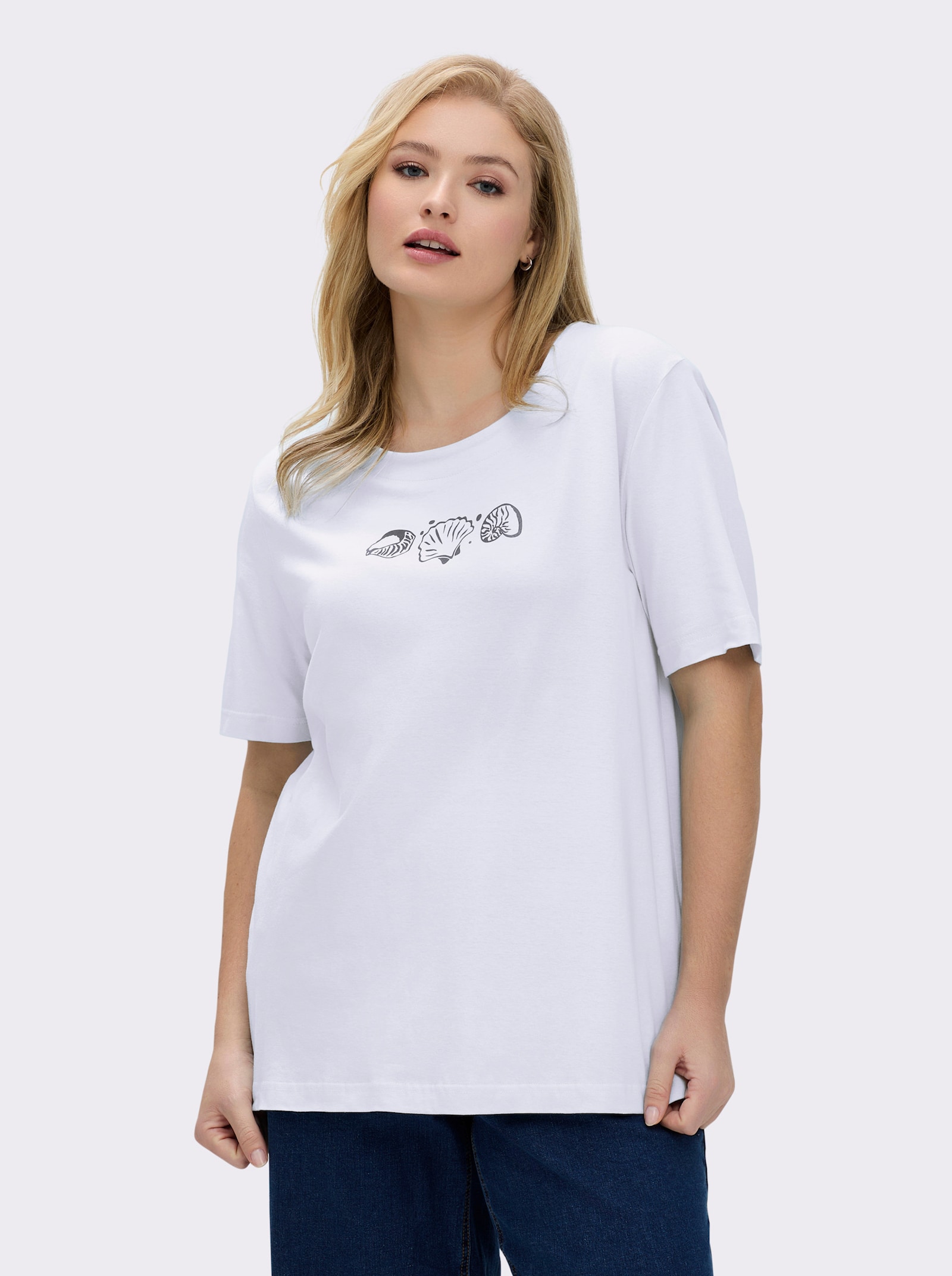 Kurzarmshirt mit Muschel-Druck - weiß