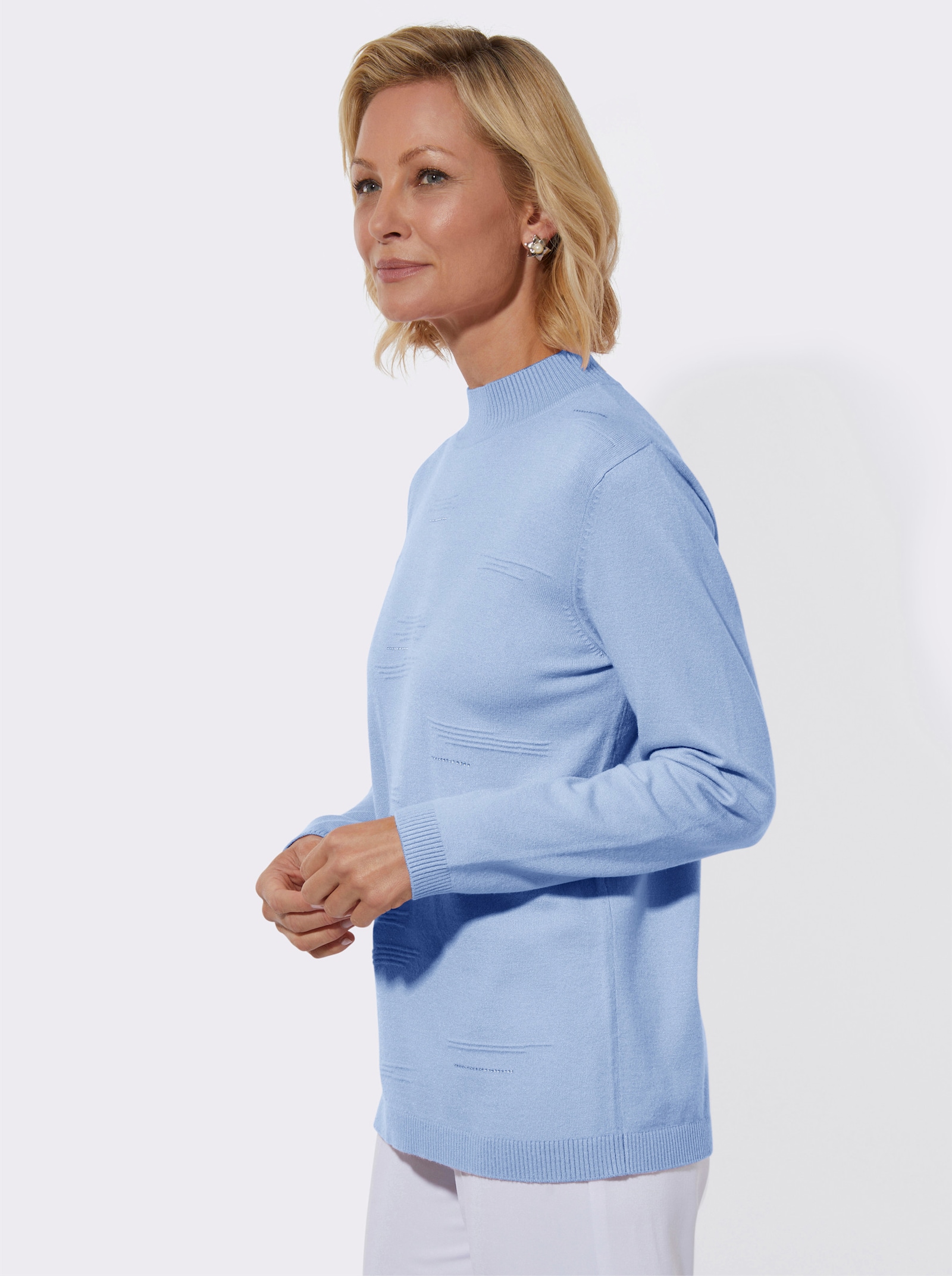 Stehkragenpullover mit Rippmuster und Glitzersteinchen - eisblau