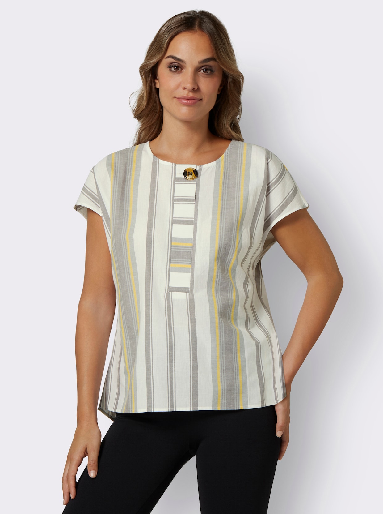 Blouse met korte mouwen - steengrijs gestreept