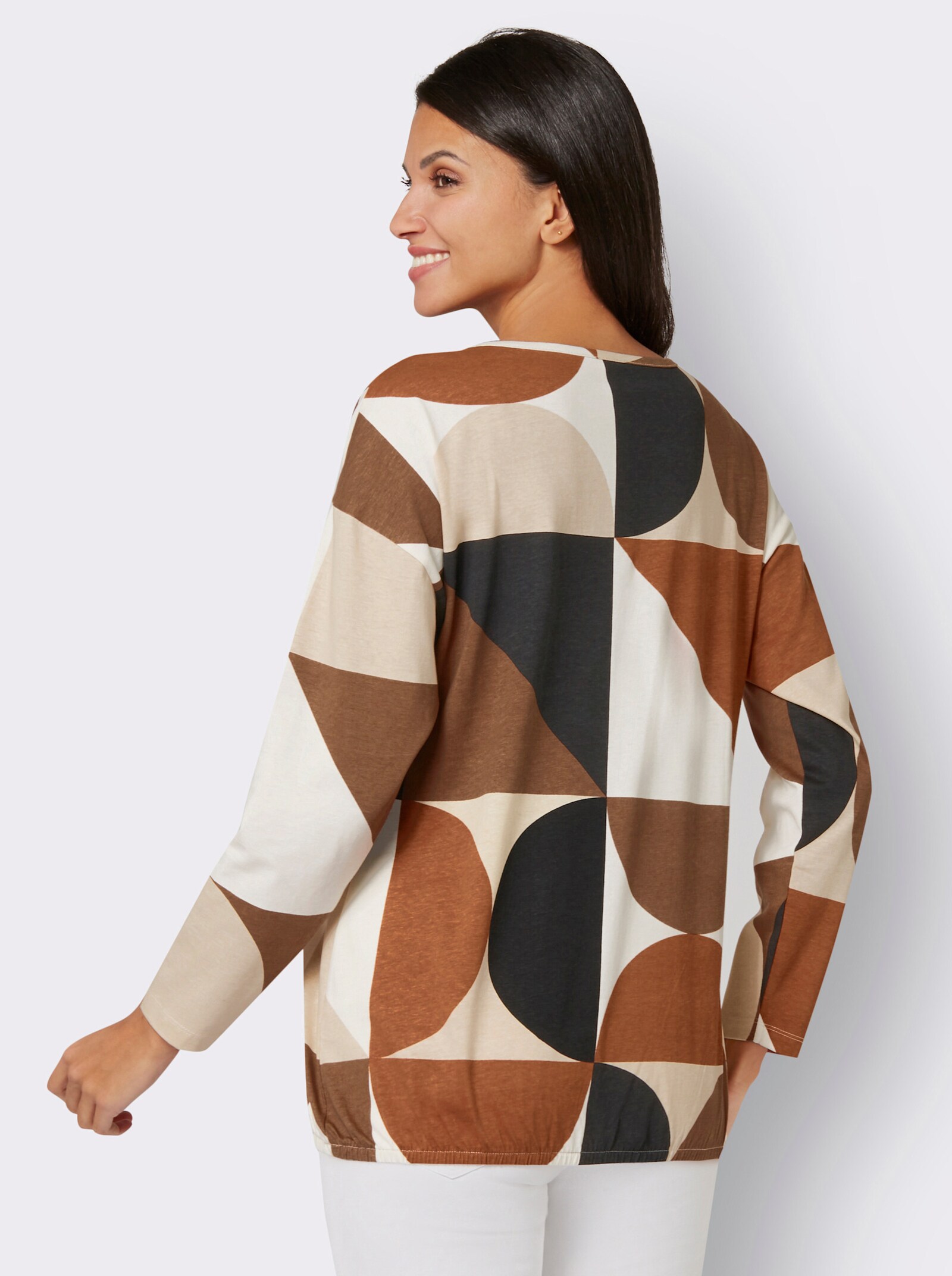 Rundhalsshirt mit elastischem Saum - sand-cognac-bedruckt