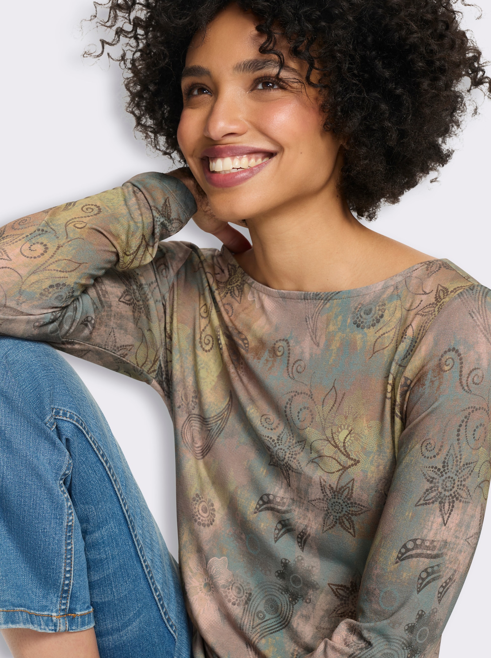 heine Langarmshirt mit U-Boot-Ausschnitt - jade-graphit-bedruckt