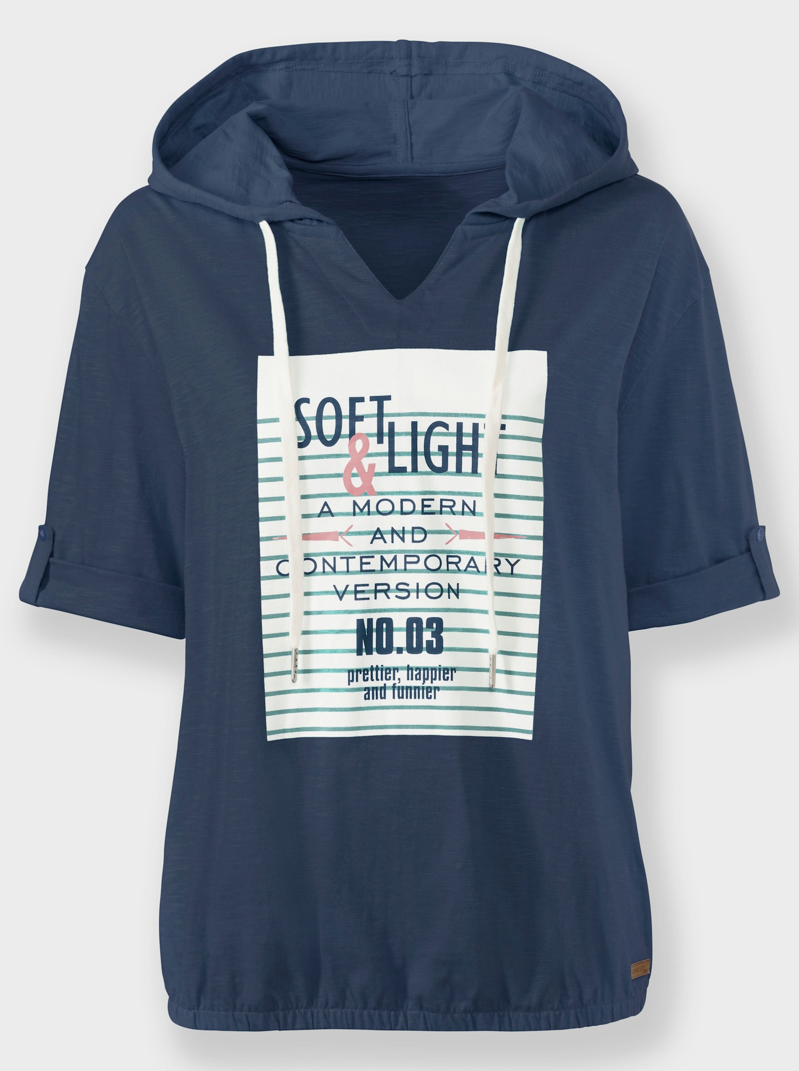 Shirt met capuchon en elastiek in de zoom - donkerblauw/ecru bedrukt