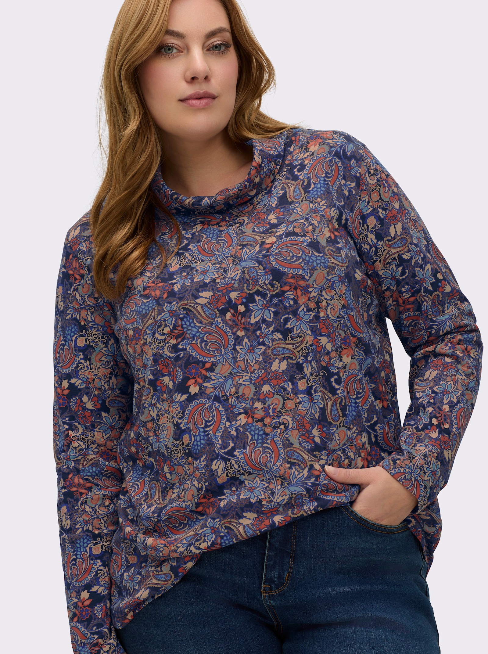 Rollkragenshirt im floralen Druckmuster - marine-terra-bedruckt