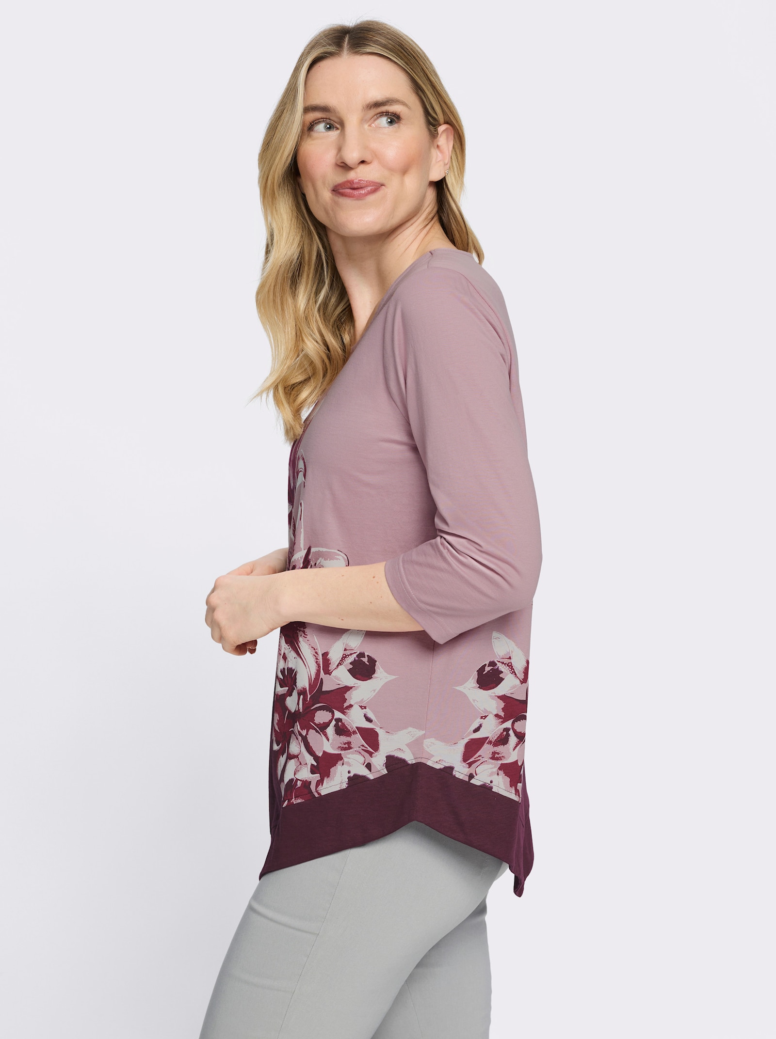 Tunikashirt mit spitz zulaufendem Saum - burgund-mauve-bedruckt