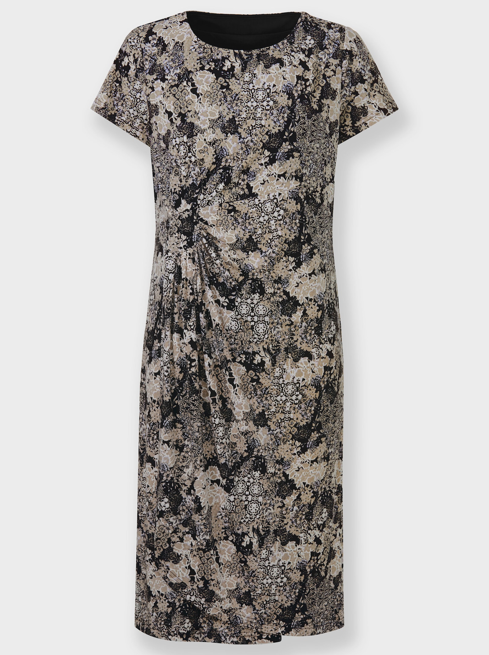 Jerseyjurk in wikkellook - grijs/ecru geprint