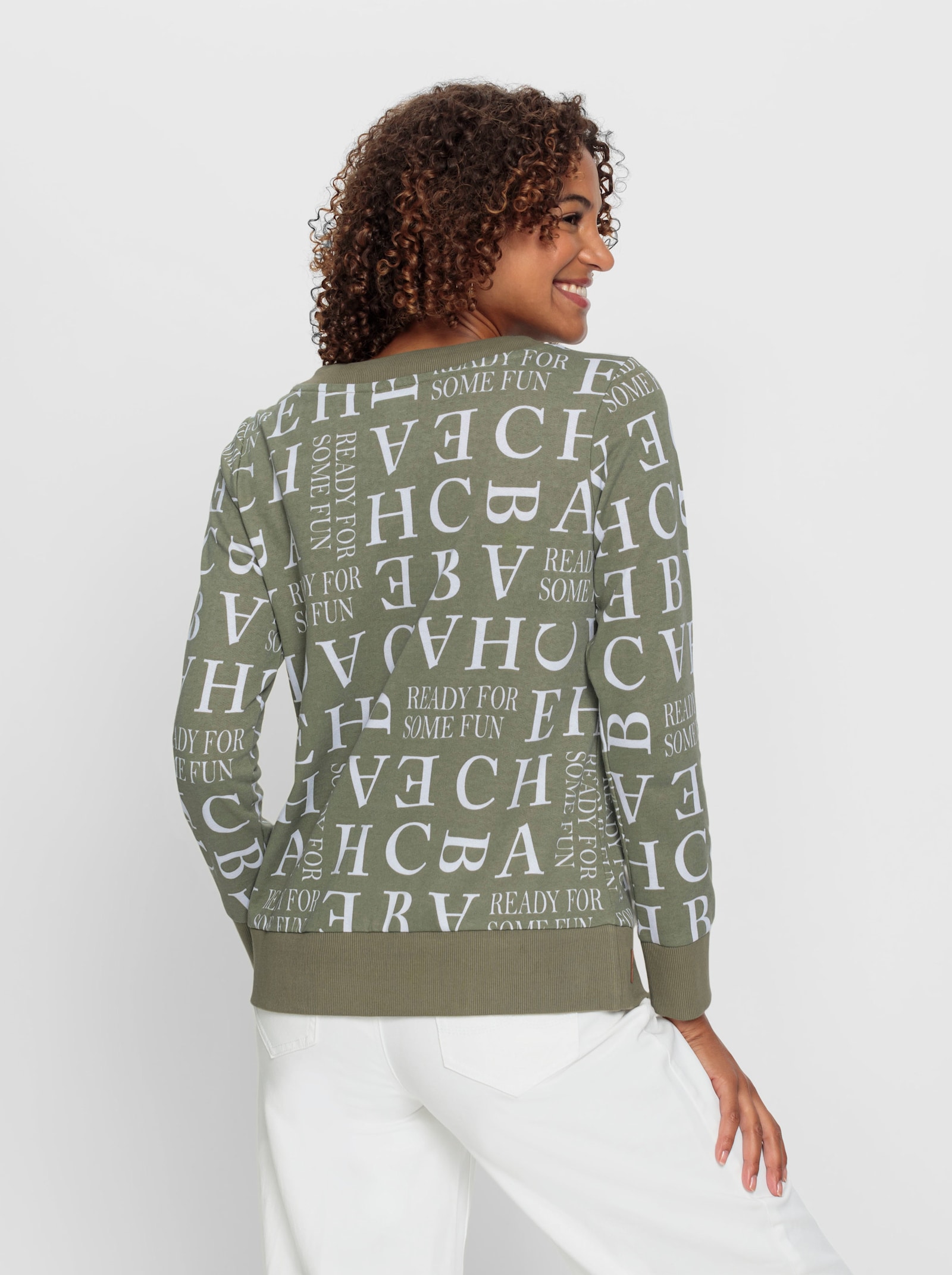 Mikina se stahovací šňůrkou na výstřihu - khaki-ecru-potisk