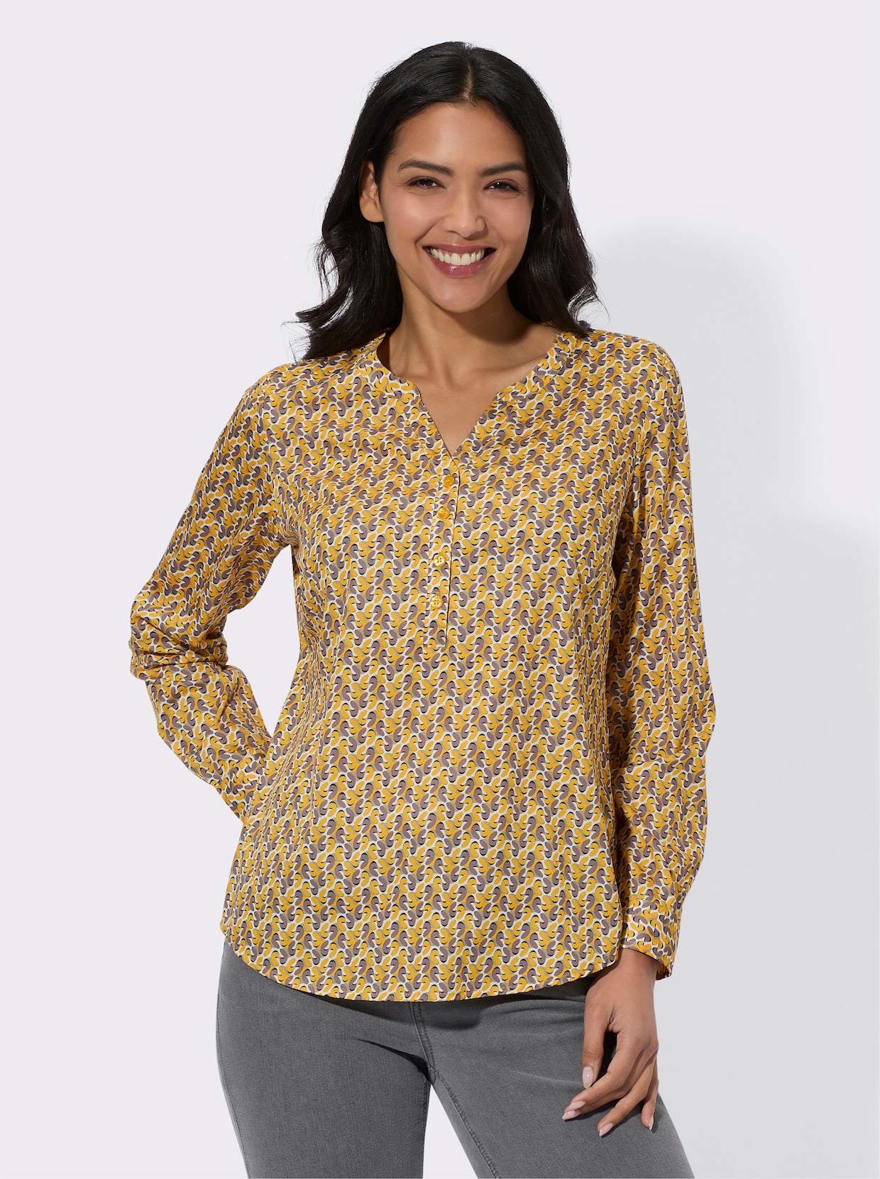 Comfortabele blouse - oker/donkertaupe bedrukt