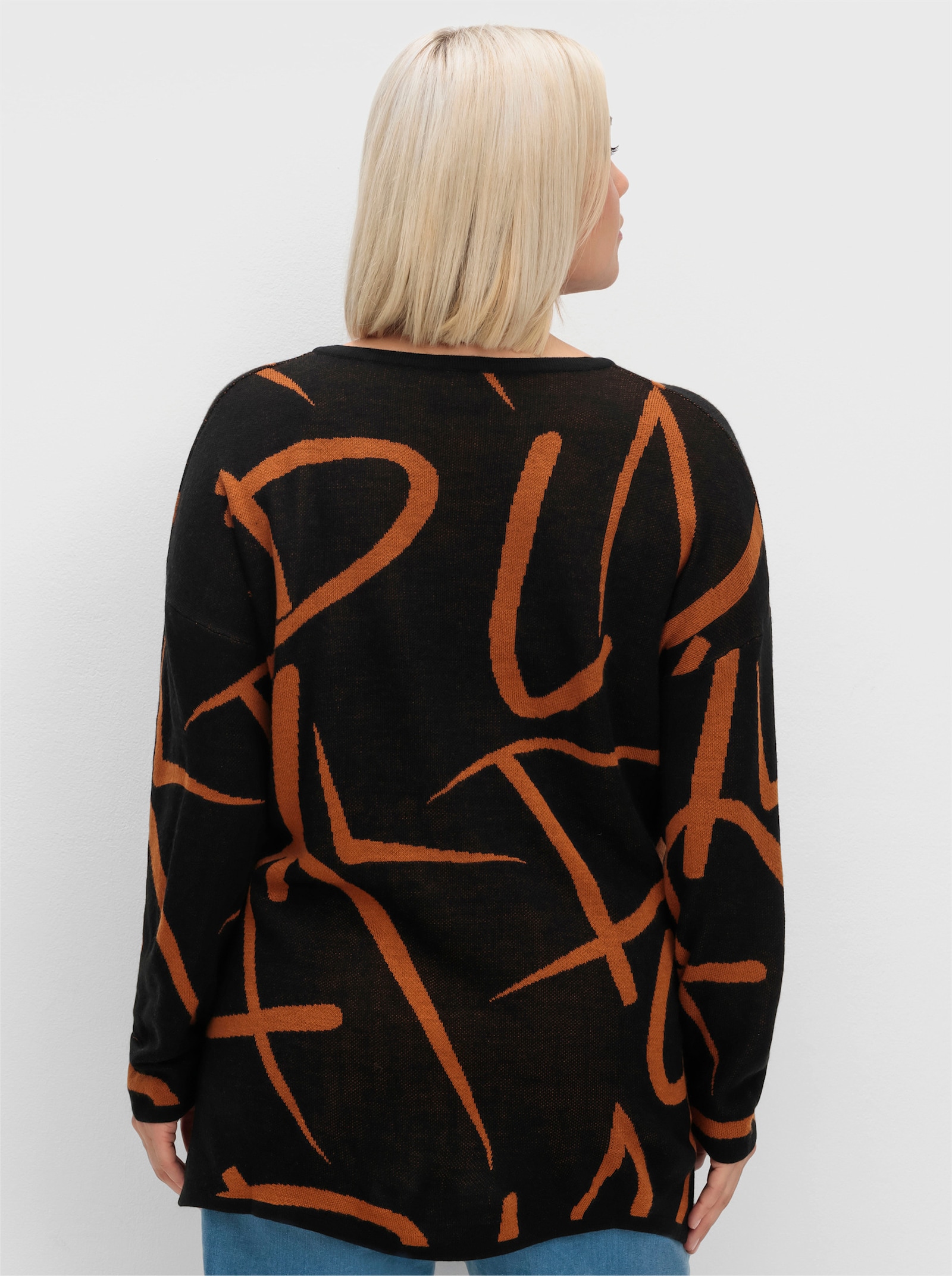 Longpullover mit Seitenschlitzen - schwarz-cognac-gemustert