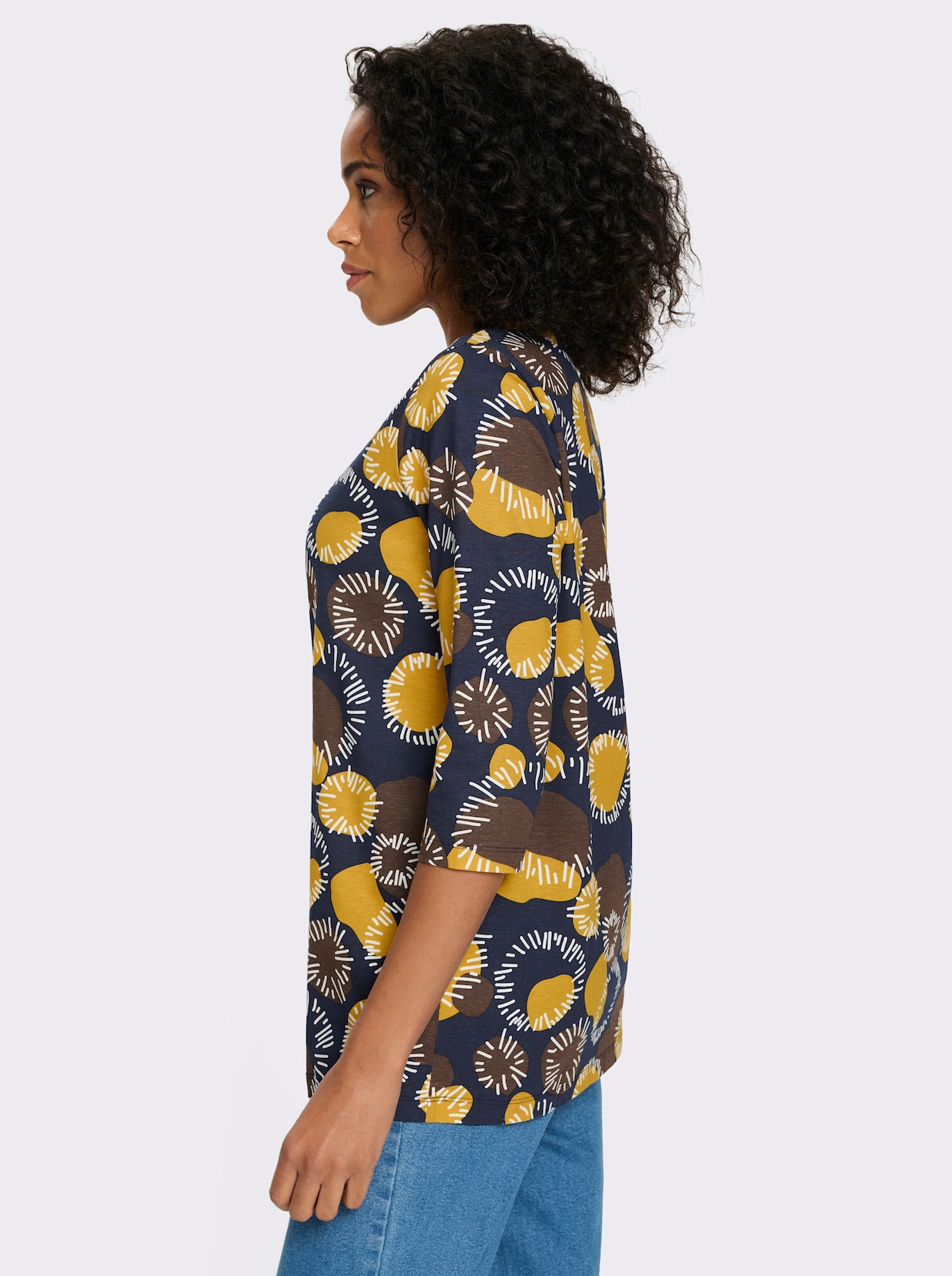 Longshirt mit 3/4-Ärmeln, Baumwolle - schoko-ocker-bedruckt