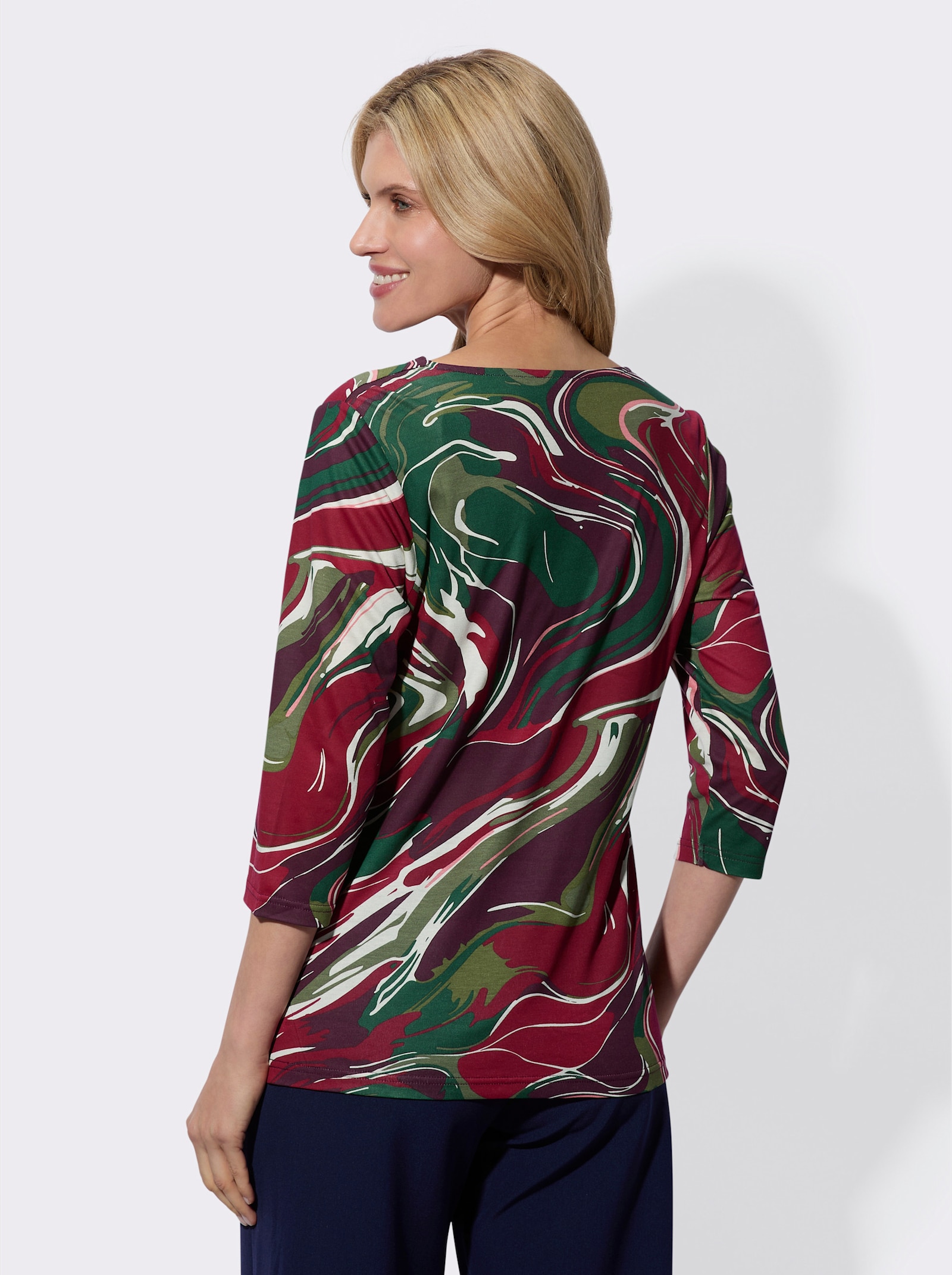 Shirt met cascadehals van soepel vallende viscose - champagne/bordeaux bedrukt