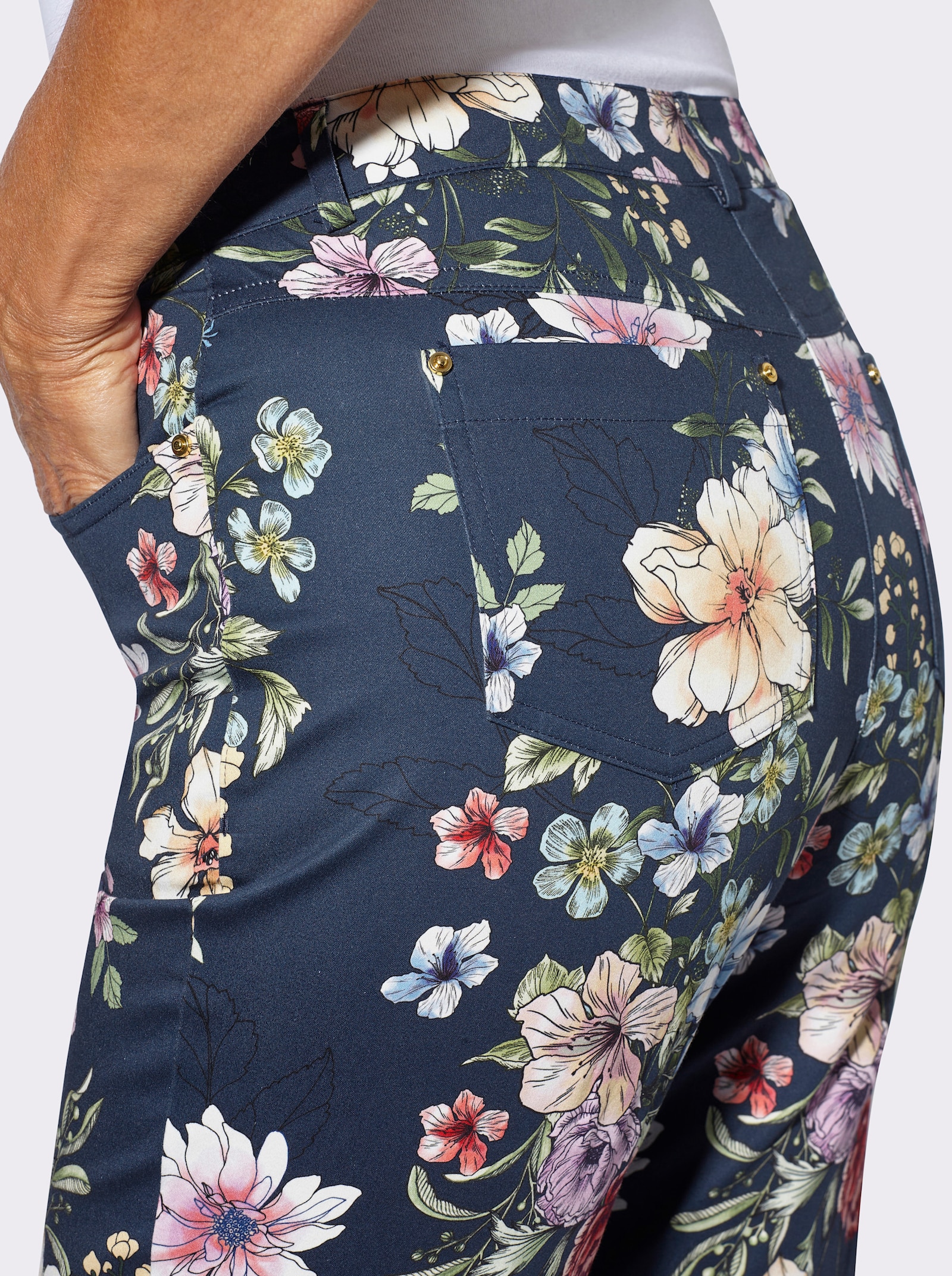 Broek met print en elastan - donkerblauw/orchidee bedrukt