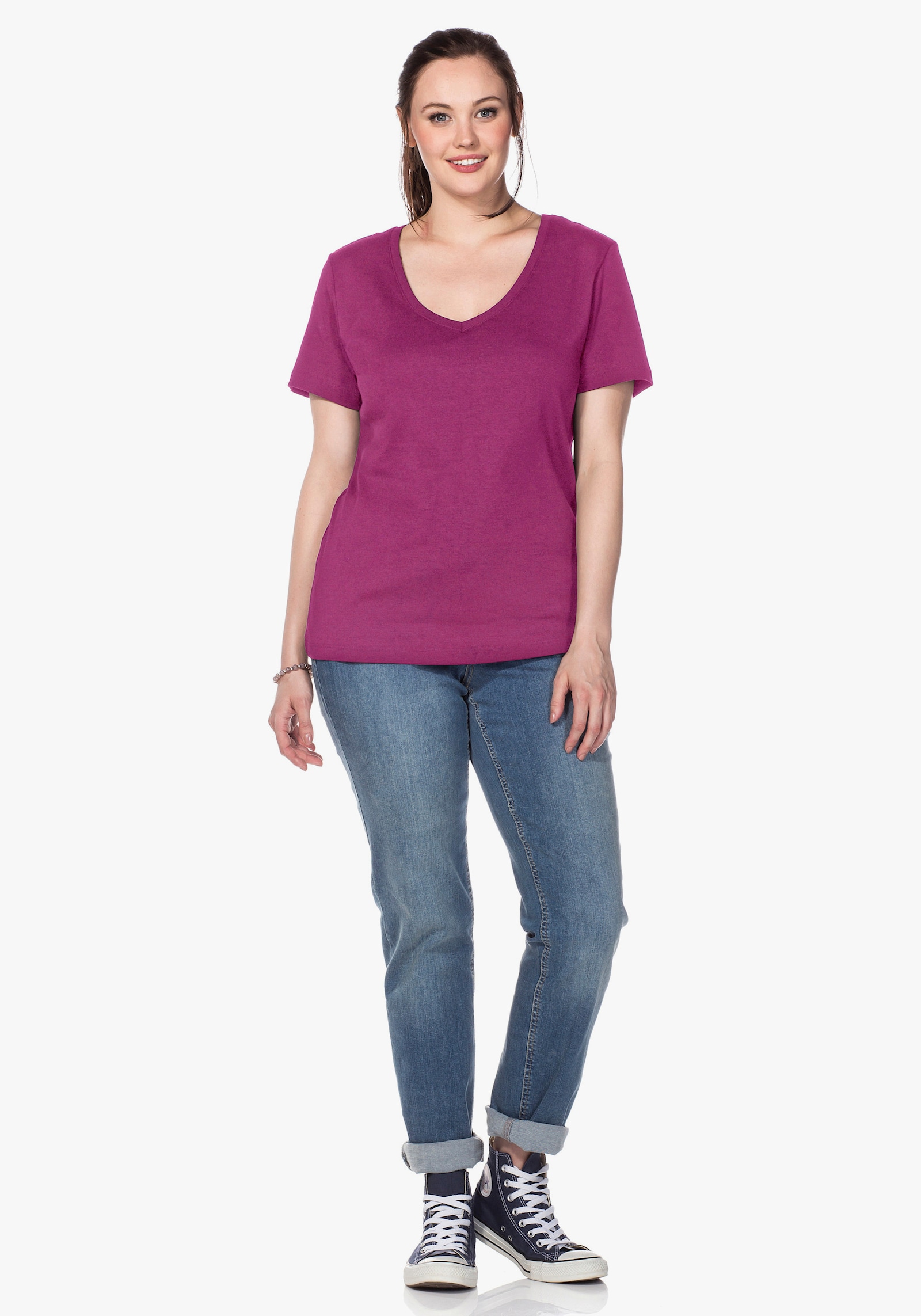 sheego T-shirt met V-hals, ribmateriaal - magenta