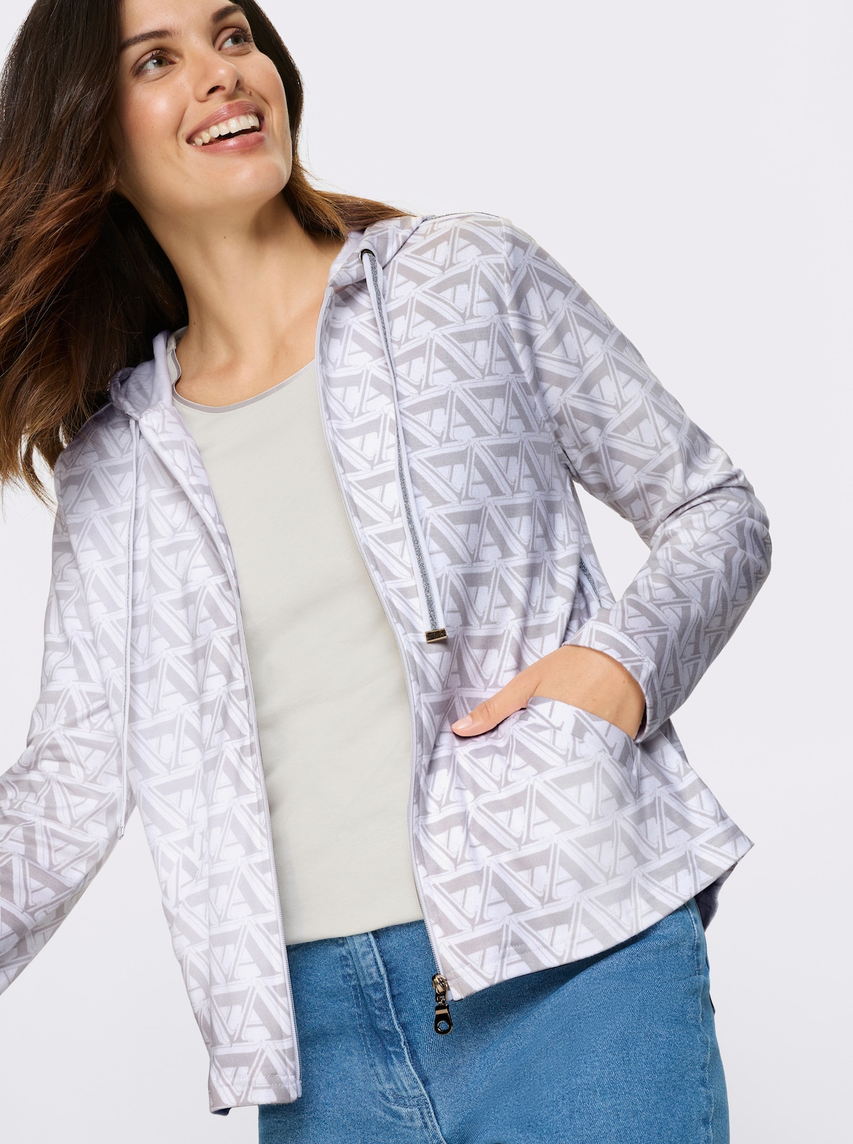 Sweatjacke - weiß-hellgrau-bedruckt