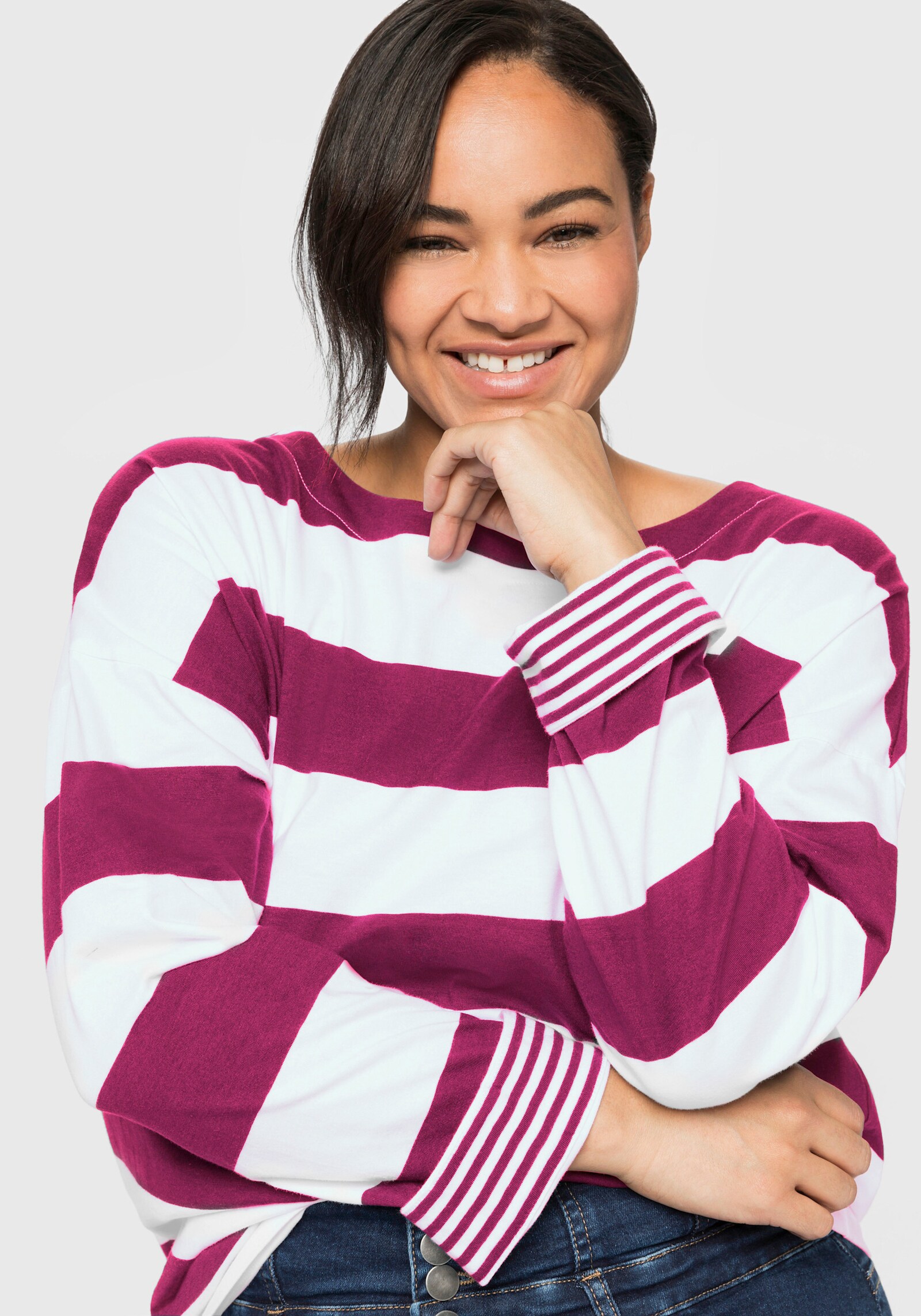 sheego Langarmshirt - malve-weiß-gestreift