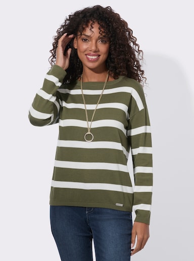 Feinstrickpullover mit U-Boot-Ausschnitt - oliv-ecru-geringelt
