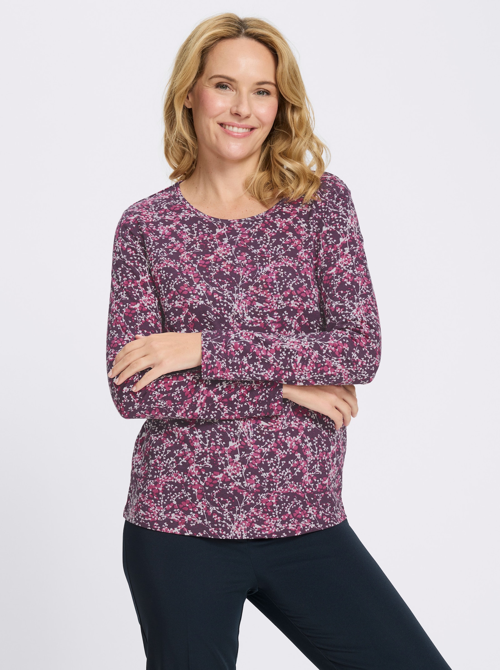 Langarmshirt mit Millefleur-Druck - traube-ecru-bedruckt