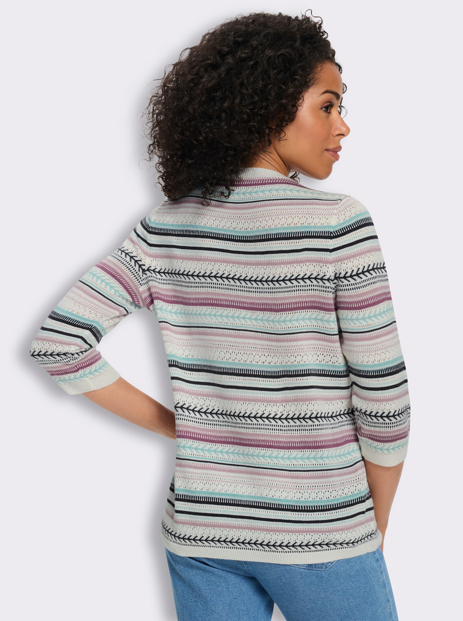Ajourpullover im Ringel-Dessin - ecru-mauve-geringelt