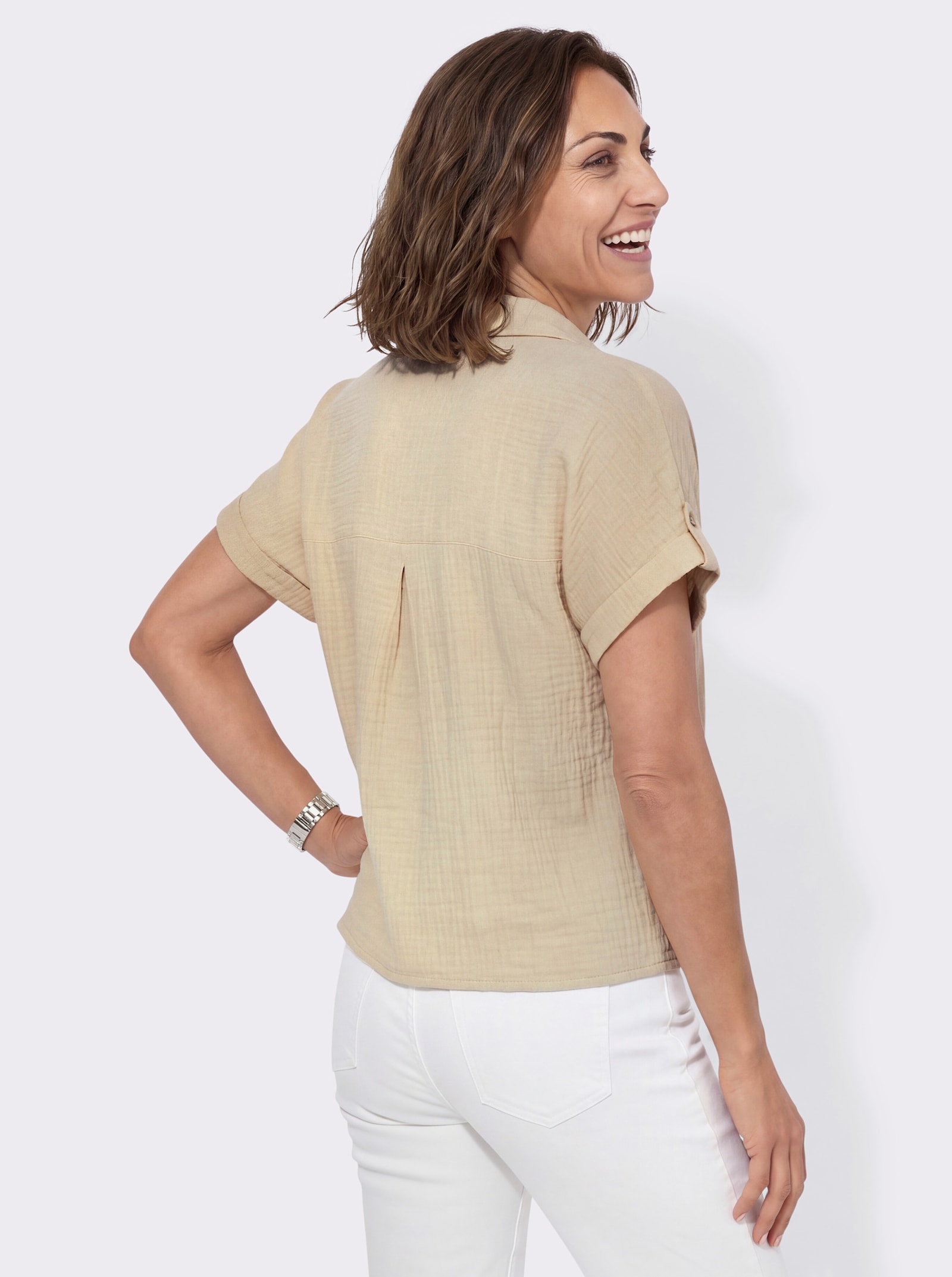 Baumwollbluse mit zipfligem Saum zum Knoten - sand