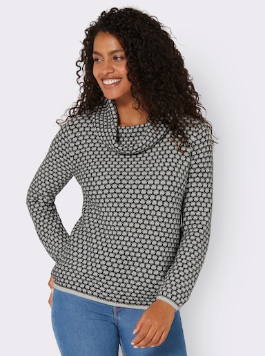 Rollkragenpullover mit 2-farbigem Strickmuster - schwarz-ecru-gemustert