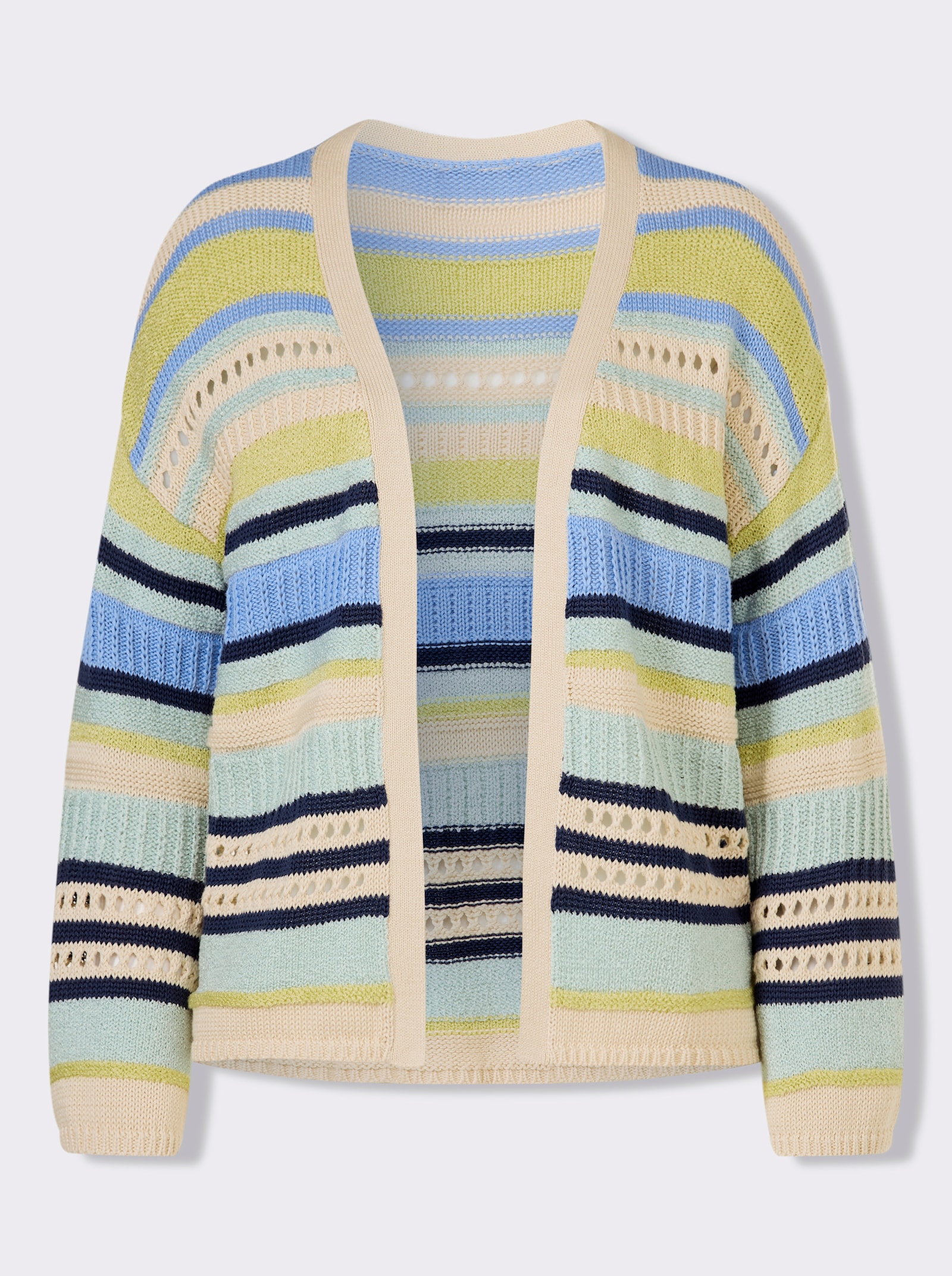 heine Strickjacke mit Ajourmuster - himmelblau-beige-gestreift