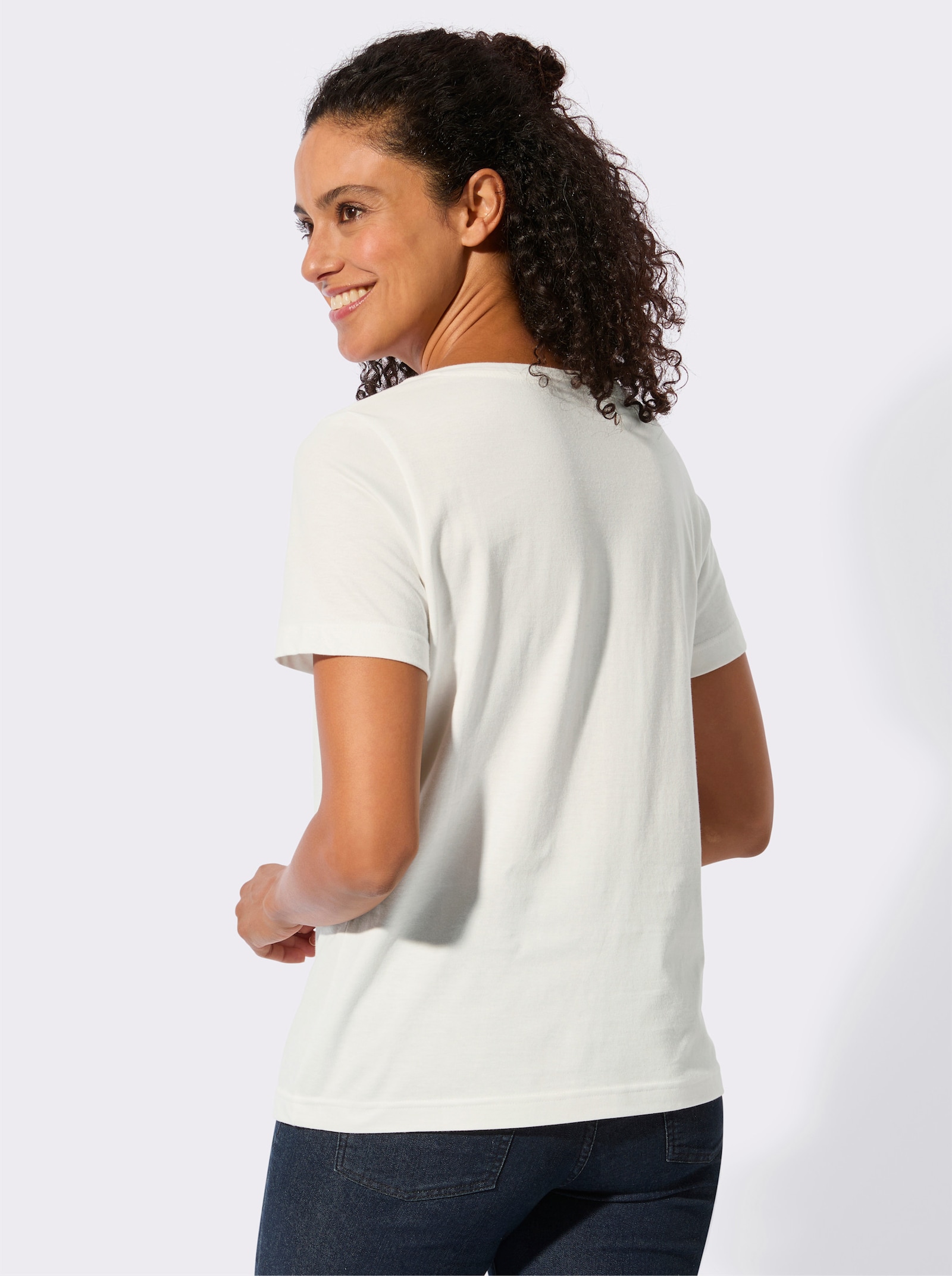 Kurzarmshirt mit glänzendem Druck-Motiv - ecru-papaya