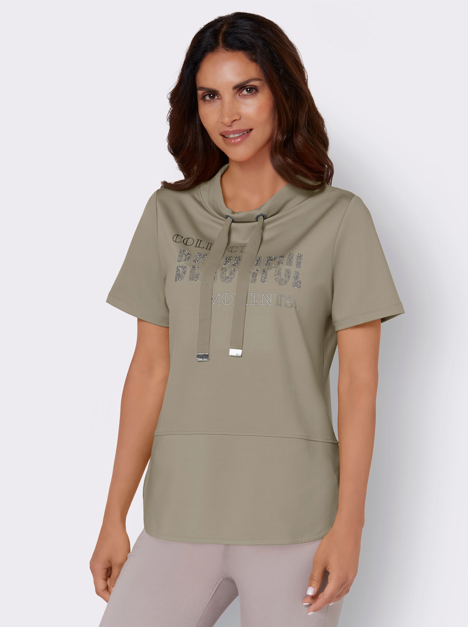 Stehkragenshirt mit Glitzersteinchen - schlamm