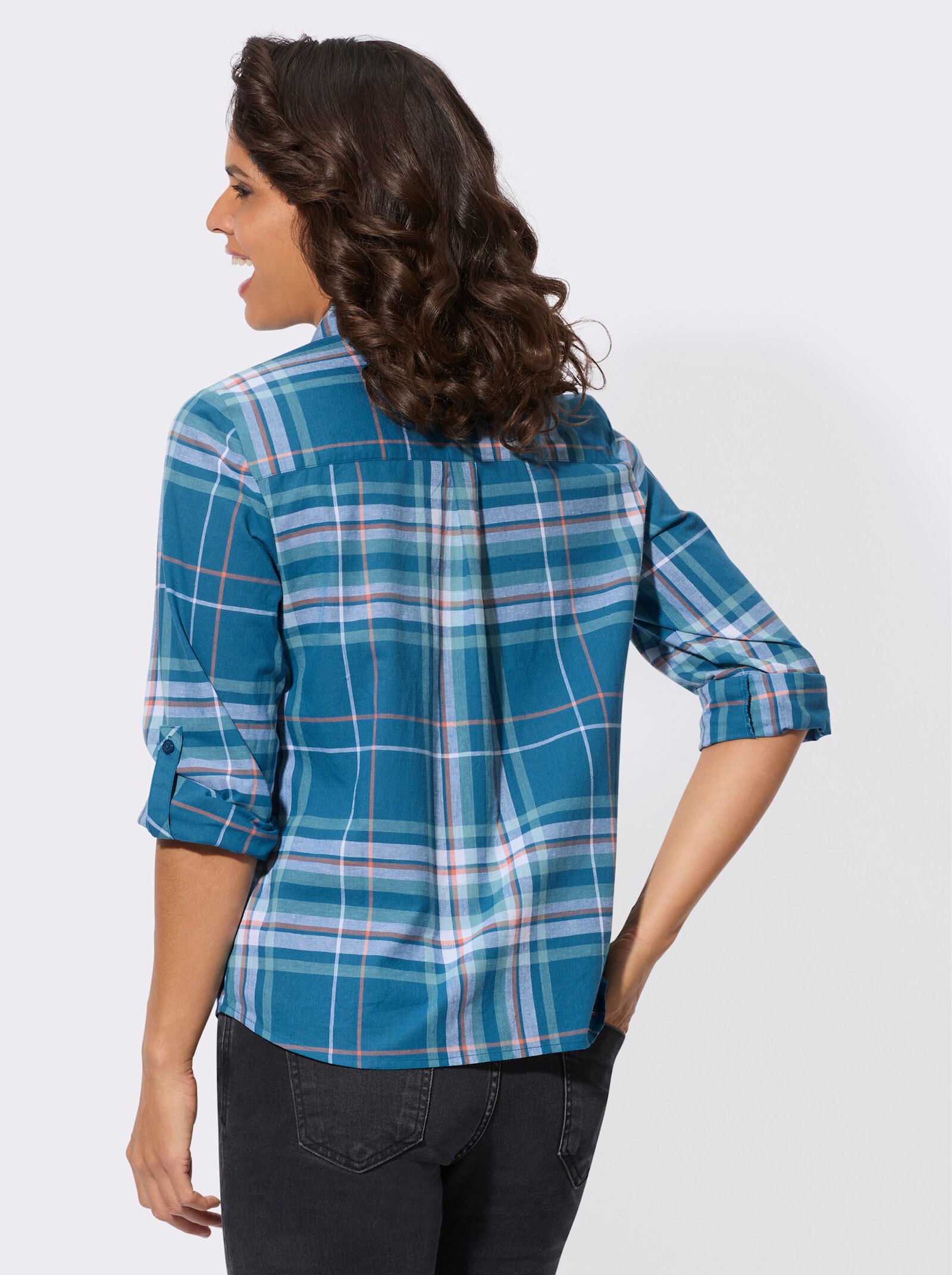 Karobluse mit krempelbaren Ärmeln - topas-ecru-kariert