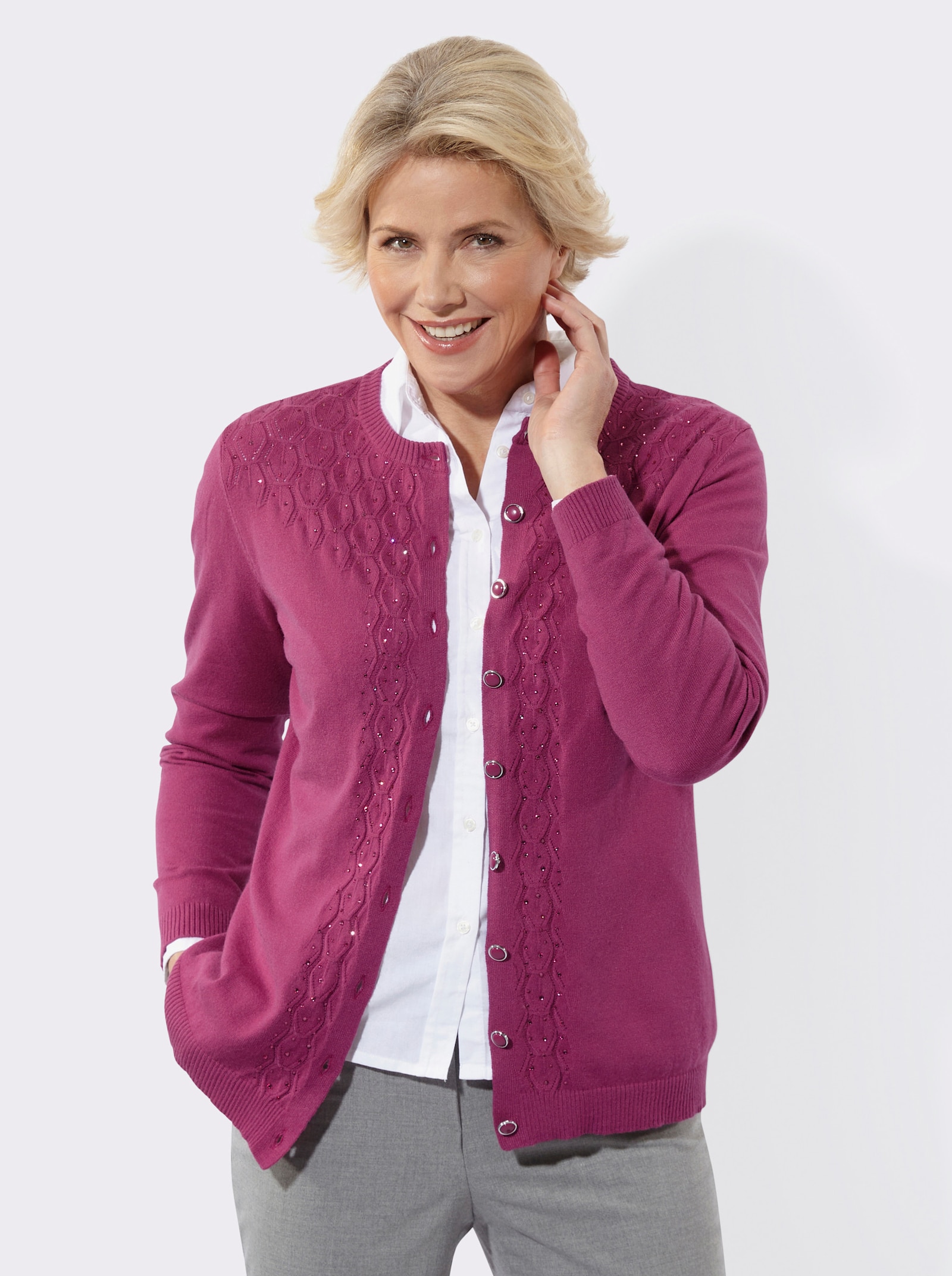 Strickjacke mit Ajourmuster und Glitzersteinchen - erika