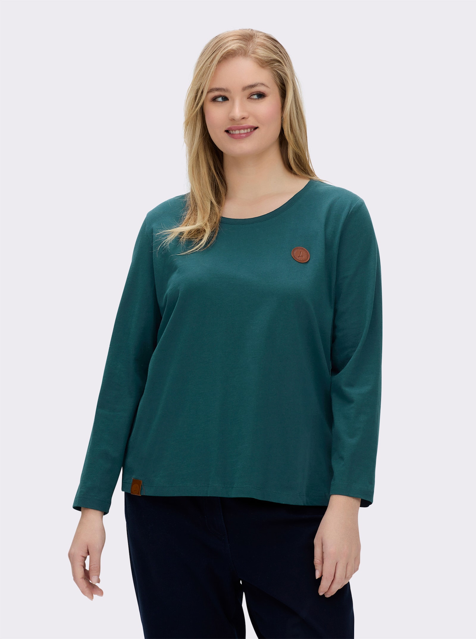 Langarmshirt mit Leder-Imitat-Patch - petrol