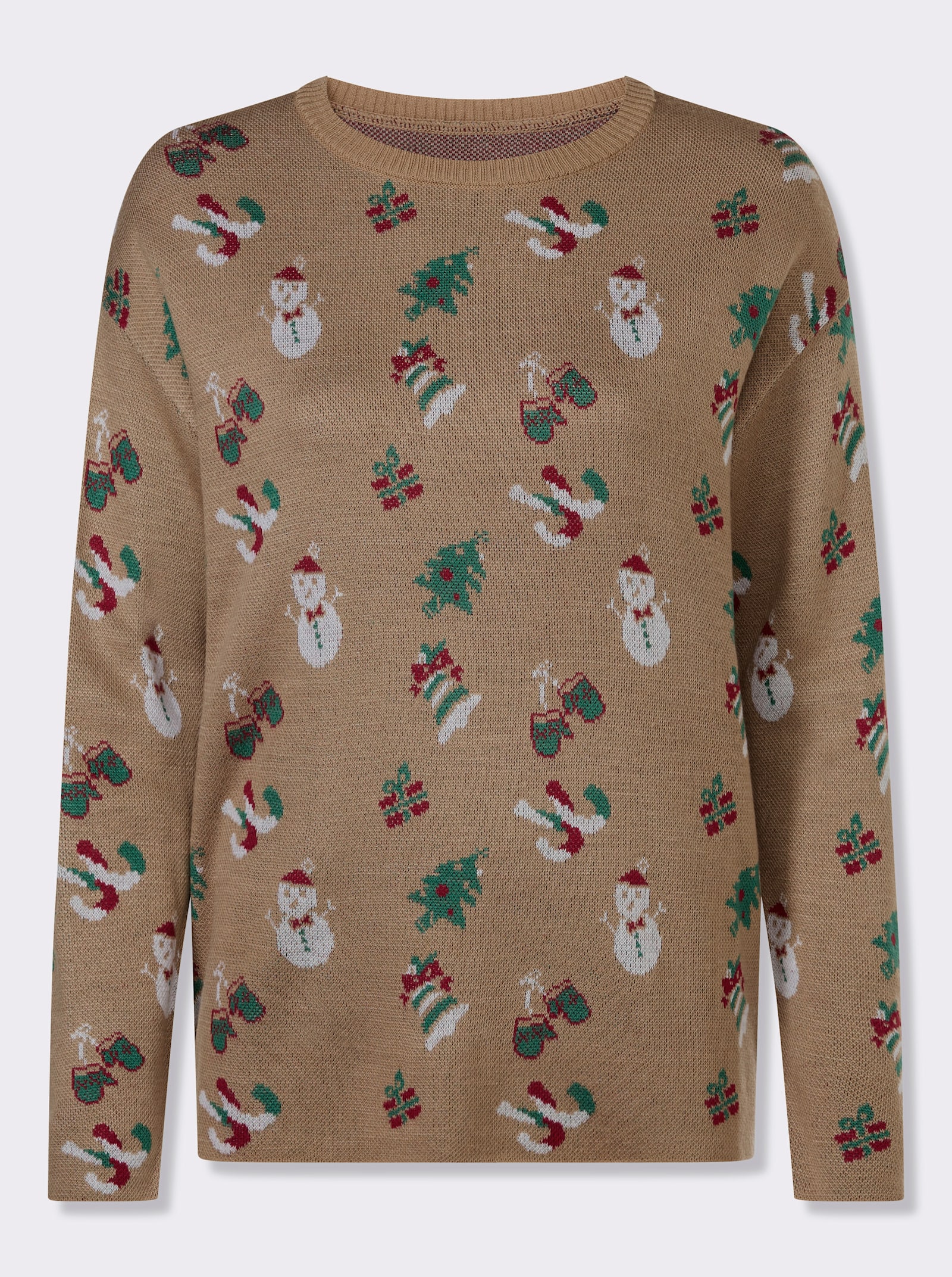 Langarm-Pullover mit weihnachtlichem Jacquardmuster - camel-grün-gemustert