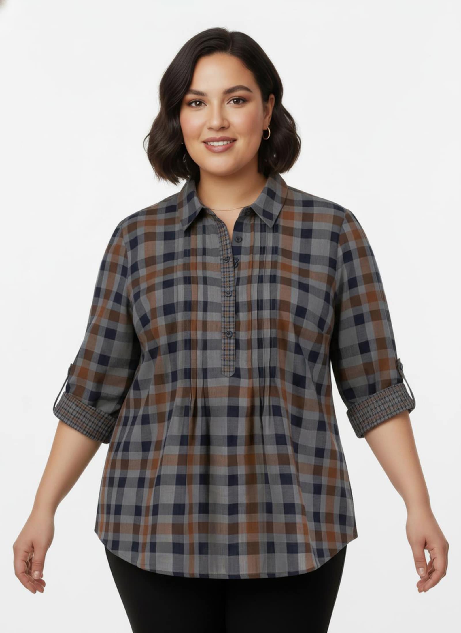 Langarmbluse mit Biesen, kariert - cognac-kariert