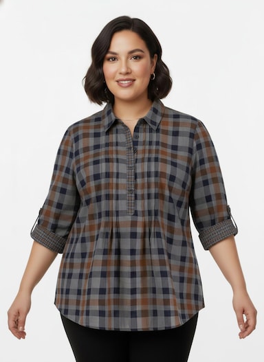 Langarmbluse mit Biesen, kariert - cognac-kariert