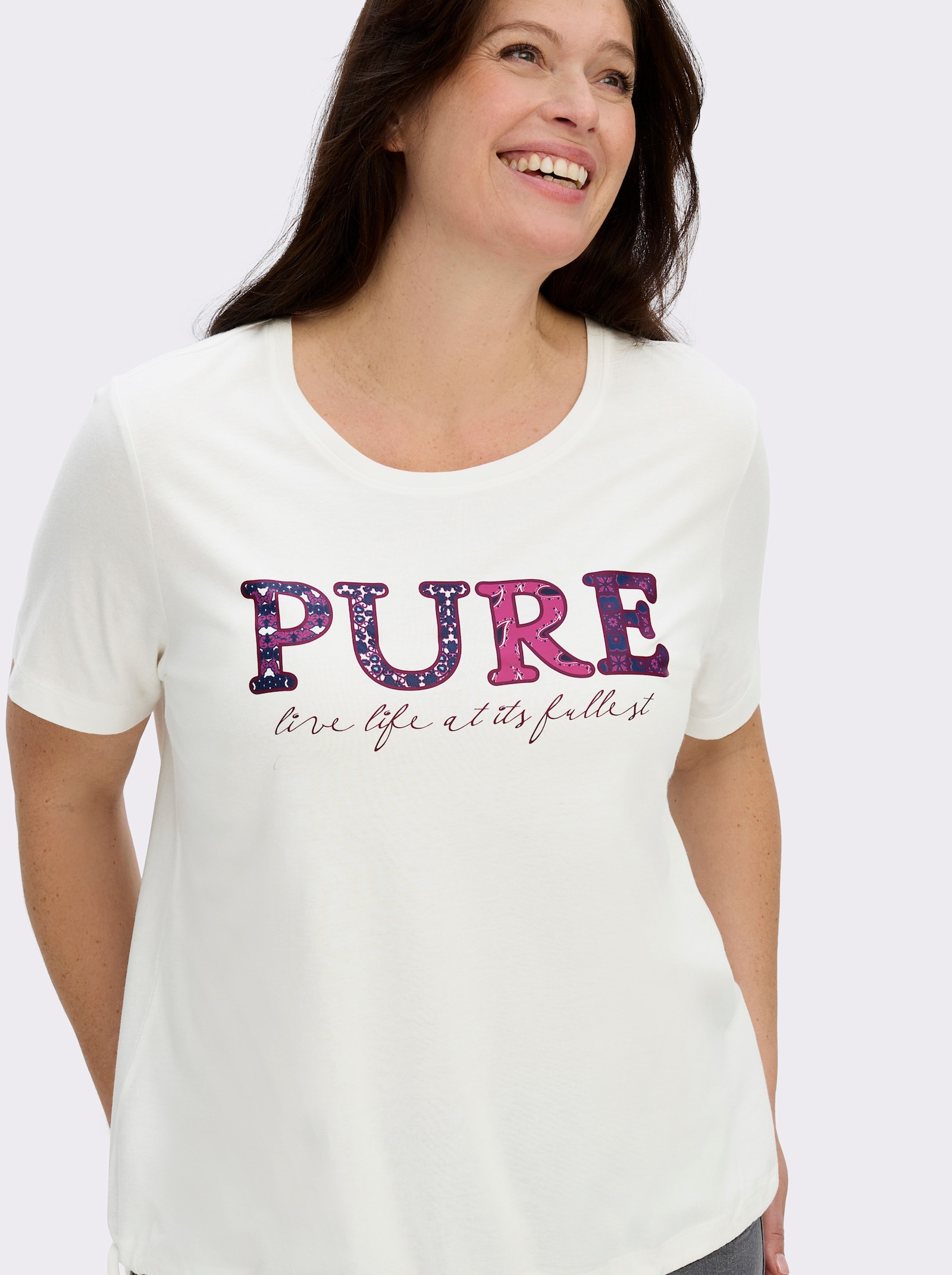 Kurzarmshirt mit Bindeband am Saum - ecru-bedruckt