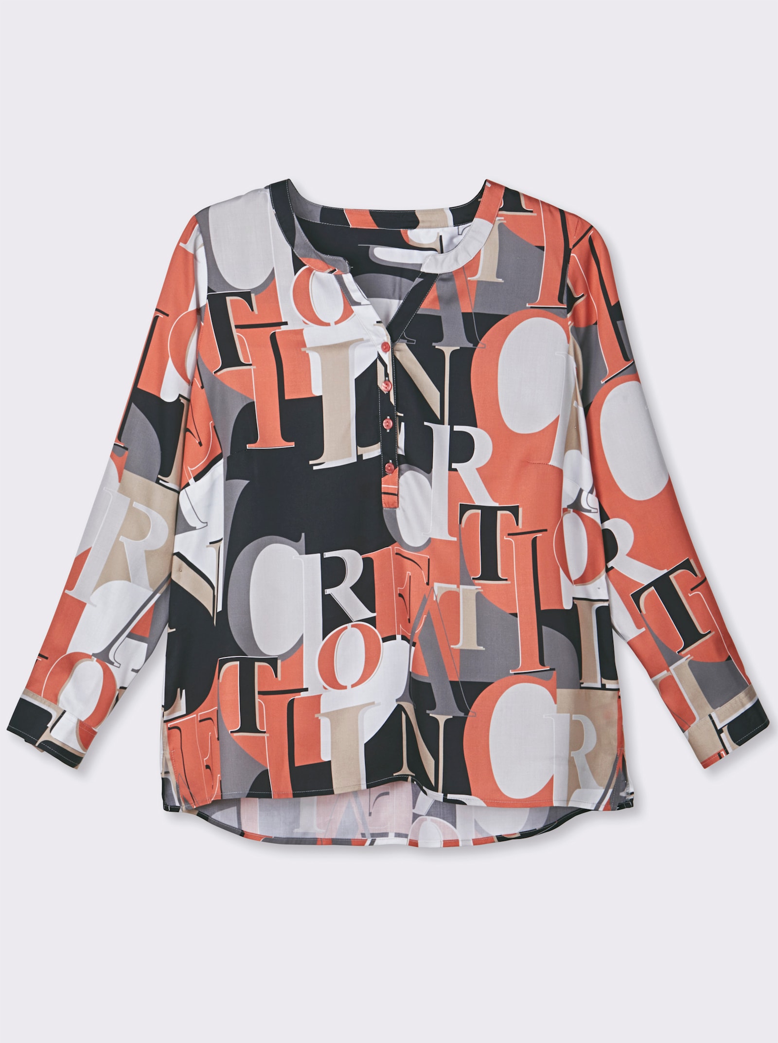 Schlupfbluse mit Krempelärmel - papaya-schwarz-bedruckt