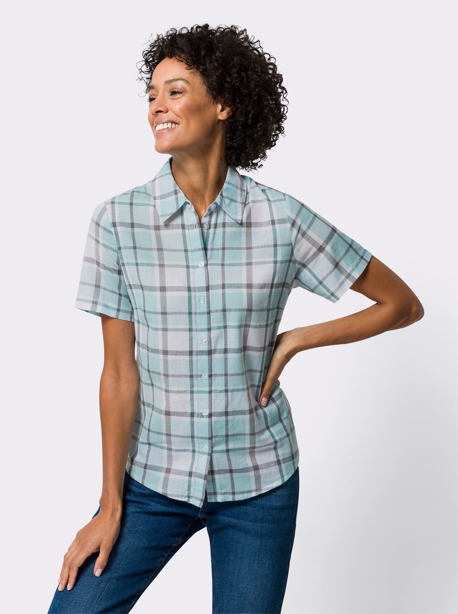 Karobluse mit Hemdkragen - mint-grau-kariert