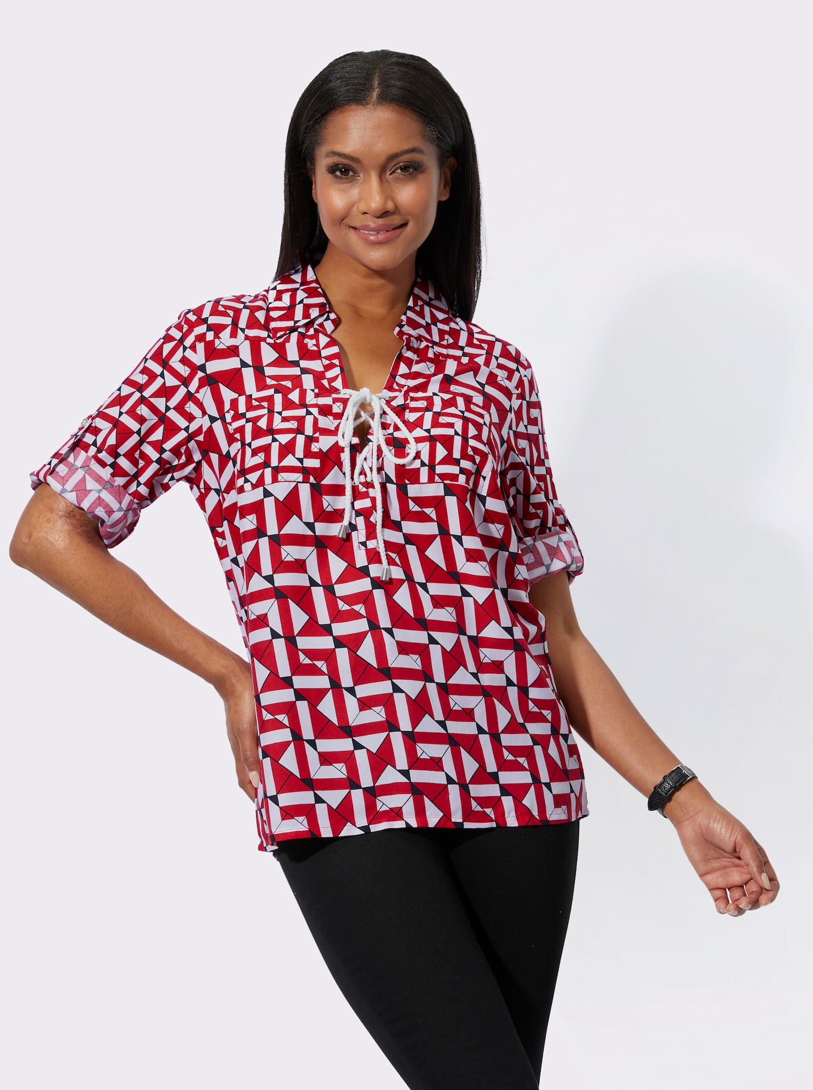 Druckbluse mit Schnürung am AUsschnitt - rot-schwarz-bedruckt