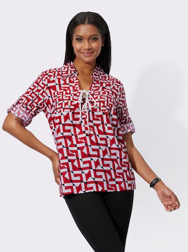 Druckbluse mit Schnürung am AUsschnitt - rot-schwarz-bedruckt