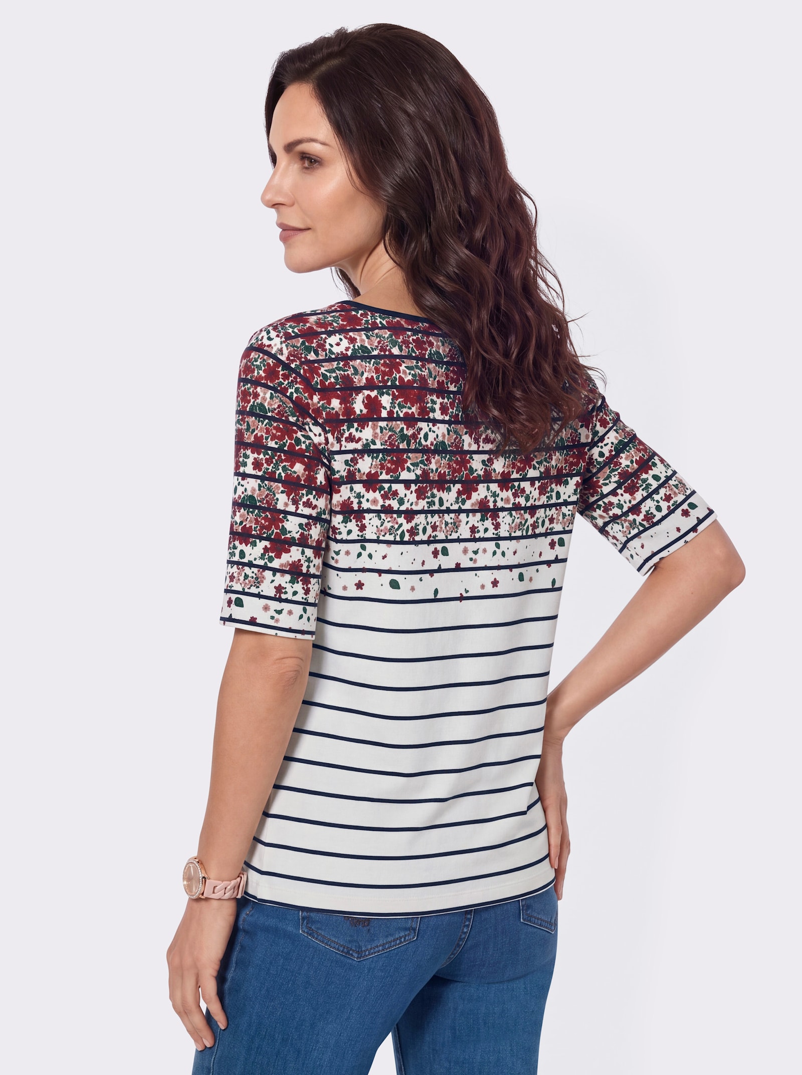 Kurzarmshirt mit Streifen- und Blütenmuster - marine-erdbeere-bedruckt