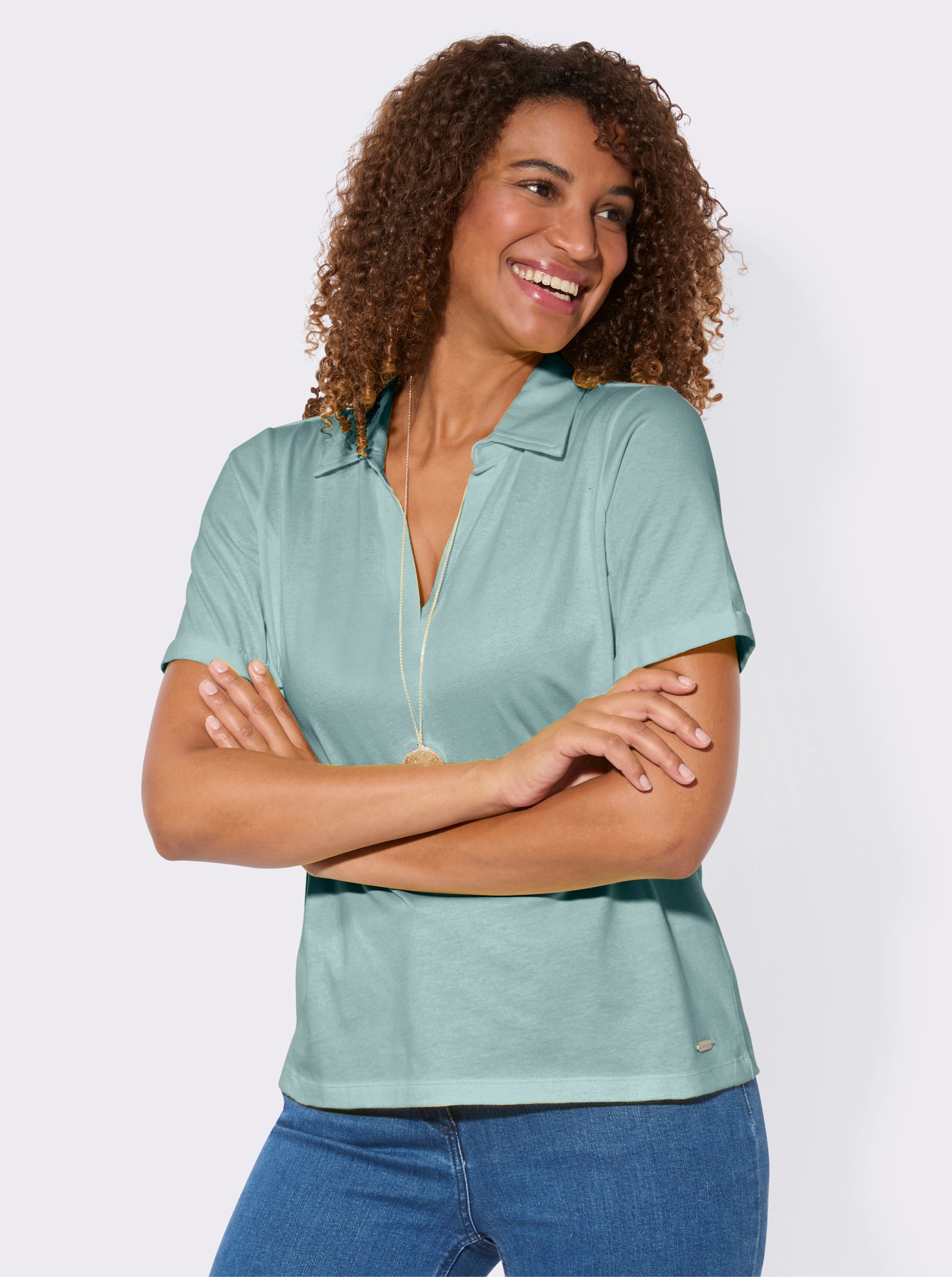 Kurzarmshirt mit Polokragen - kalkmint