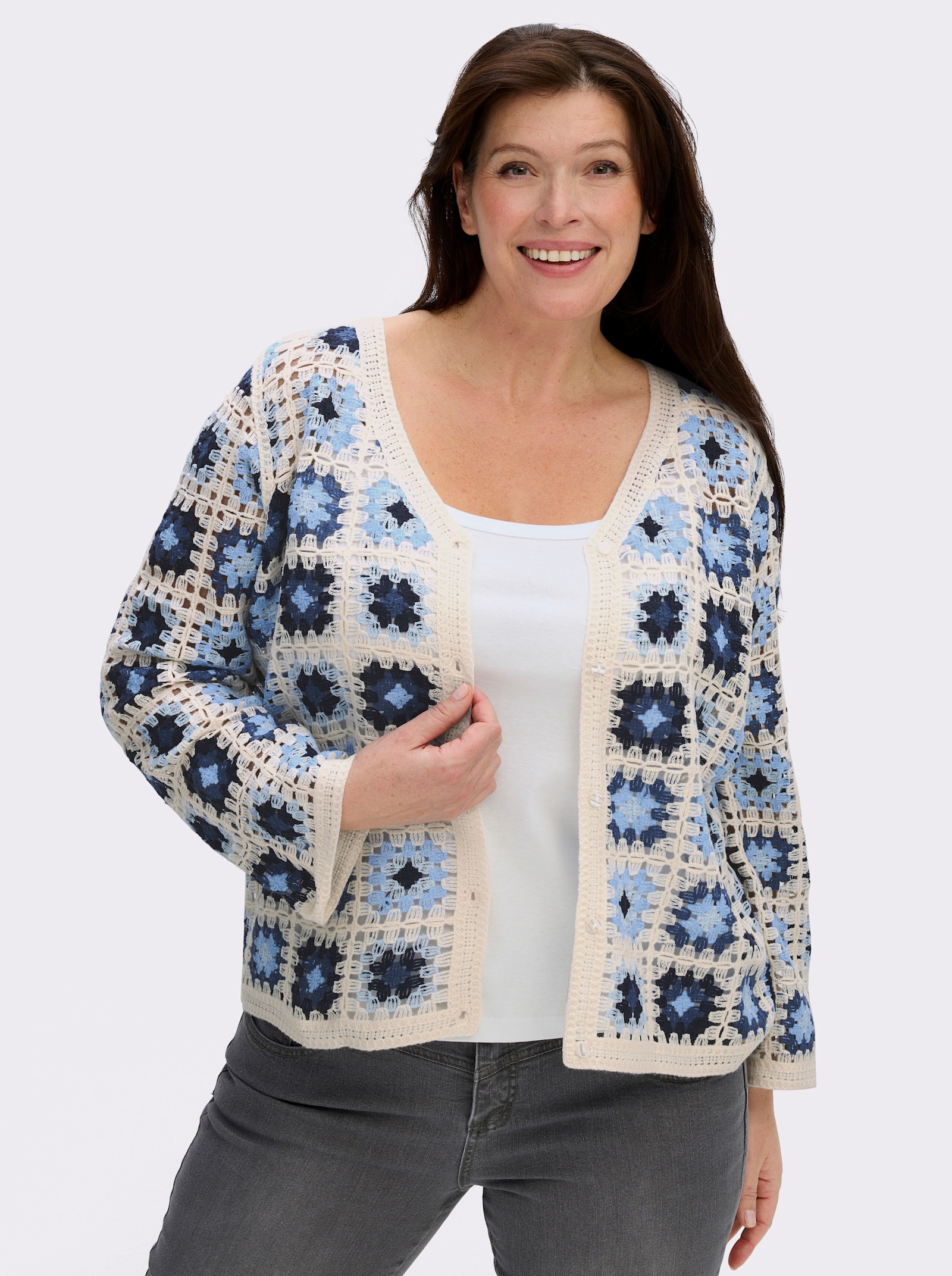 Strickjacke in Häkel-Optik - ecru-jeansblau